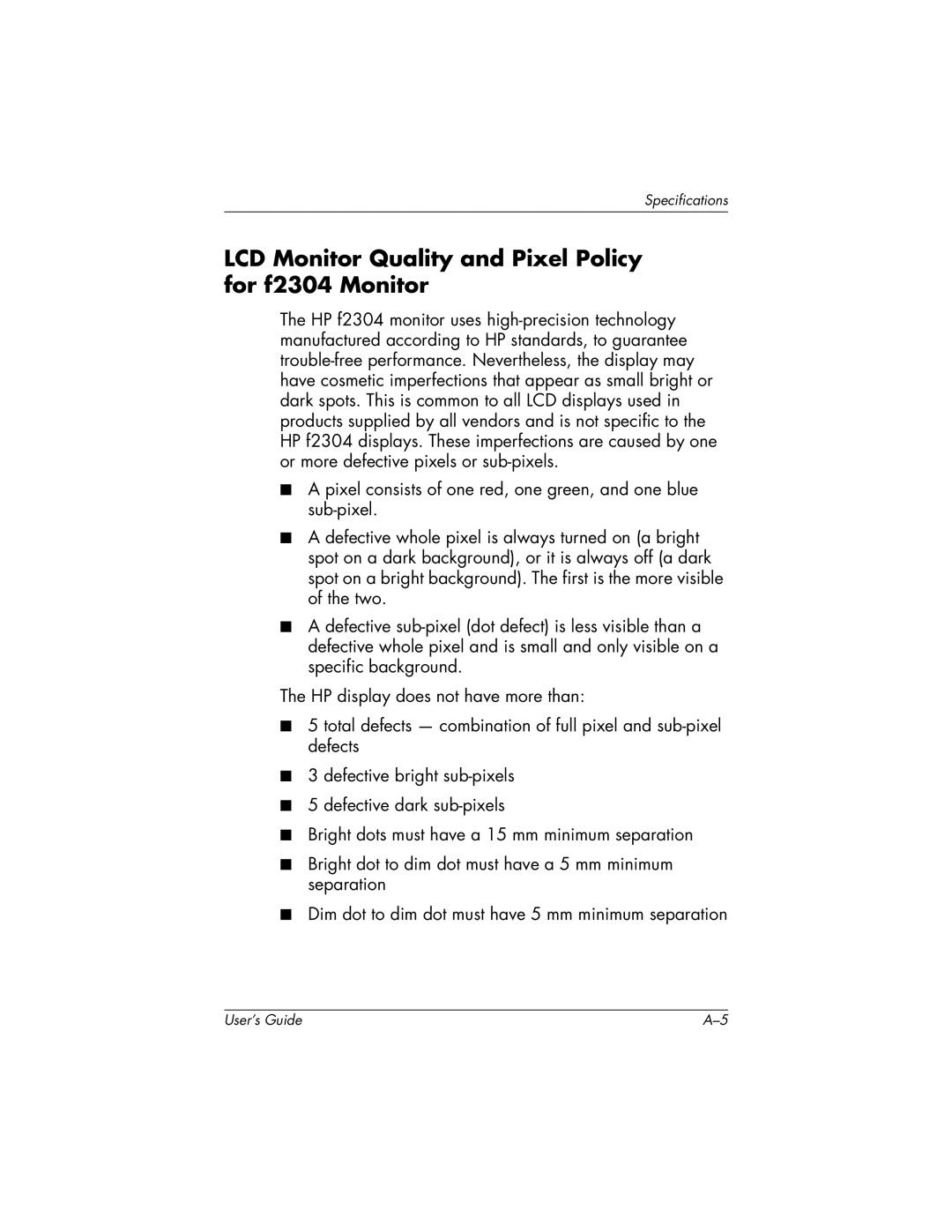 HP manual LCD Monitor Quality and Pixel Policy for f2304 Monitor 