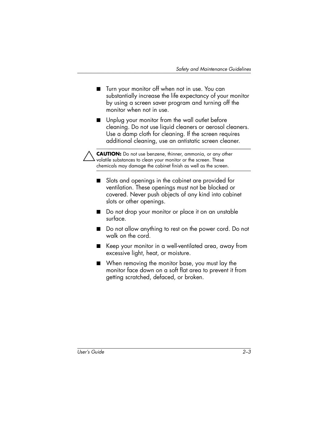 HP f2304 manual Safety and Maintenance Guidelines 