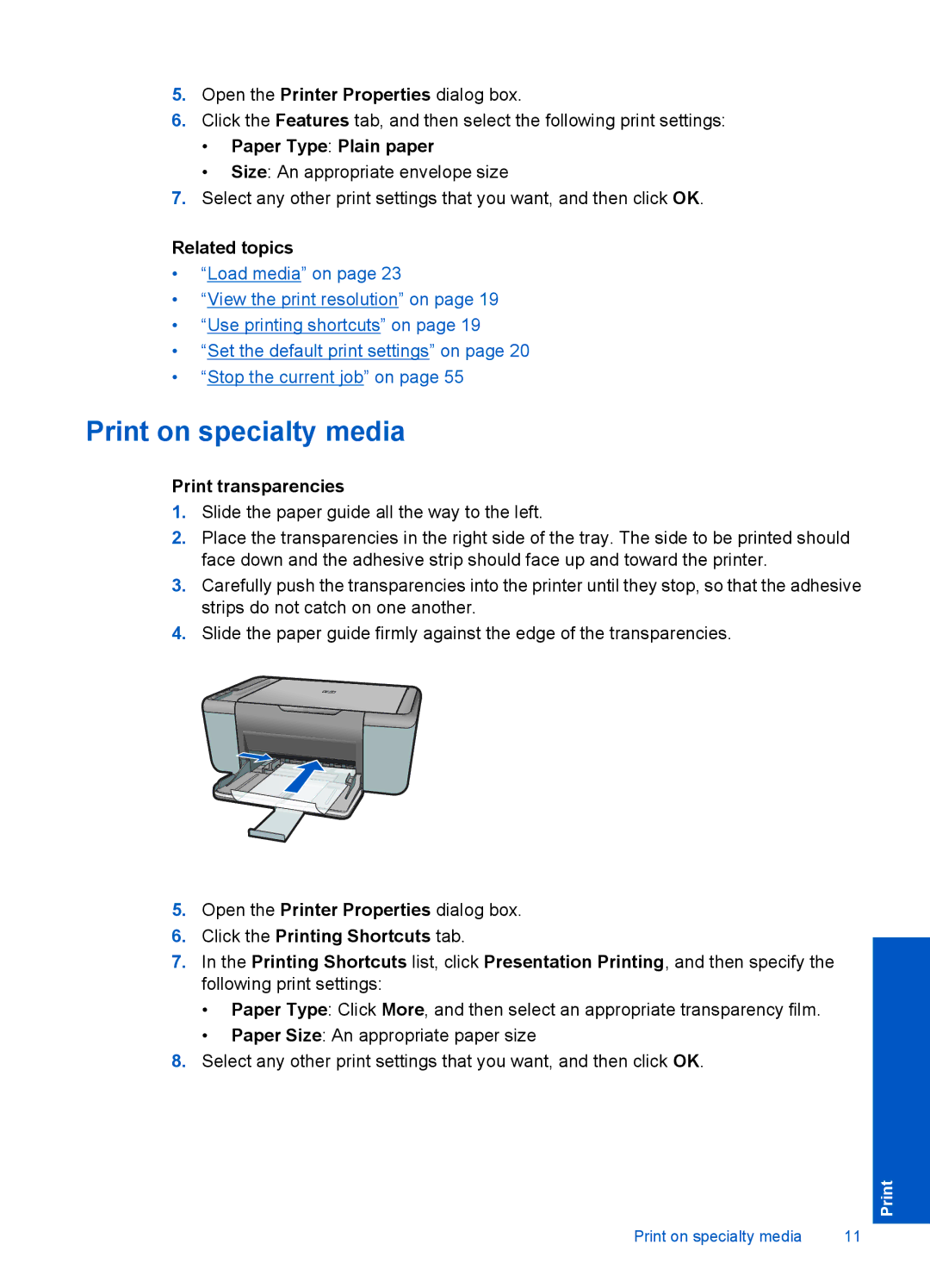 HP F2400 manual Print on specialty media, Paper Type Plain paper, Print transparencies, Click the Printing Shortcuts tab 