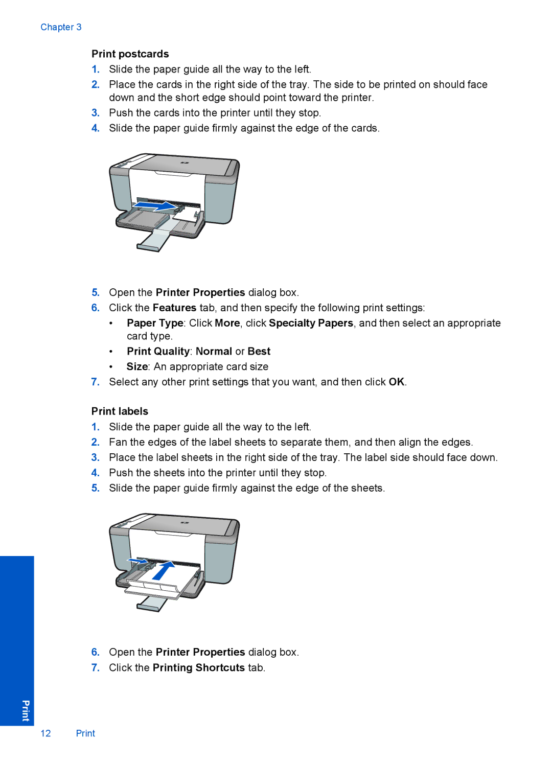 HP F2400 manual Print postcards, Print Quality Normal or Best, Print labels 