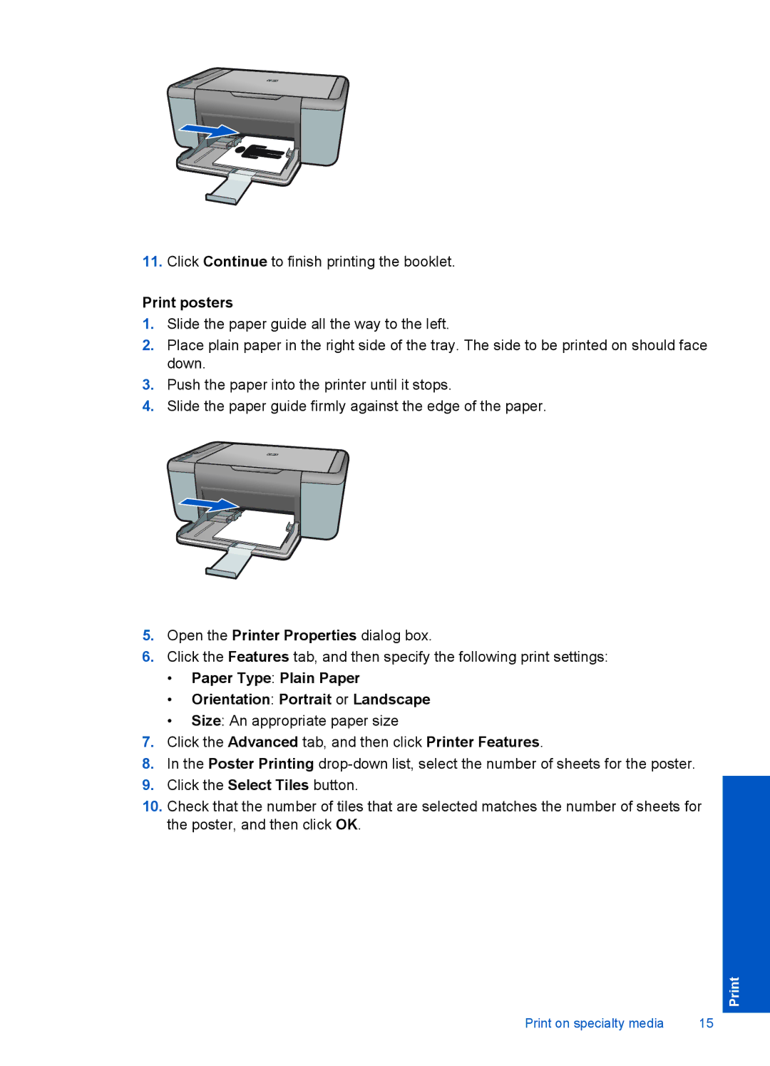 HP F2400 manual Print posters, Paper Type Plain Paper Orientation Portrait or Landscape 