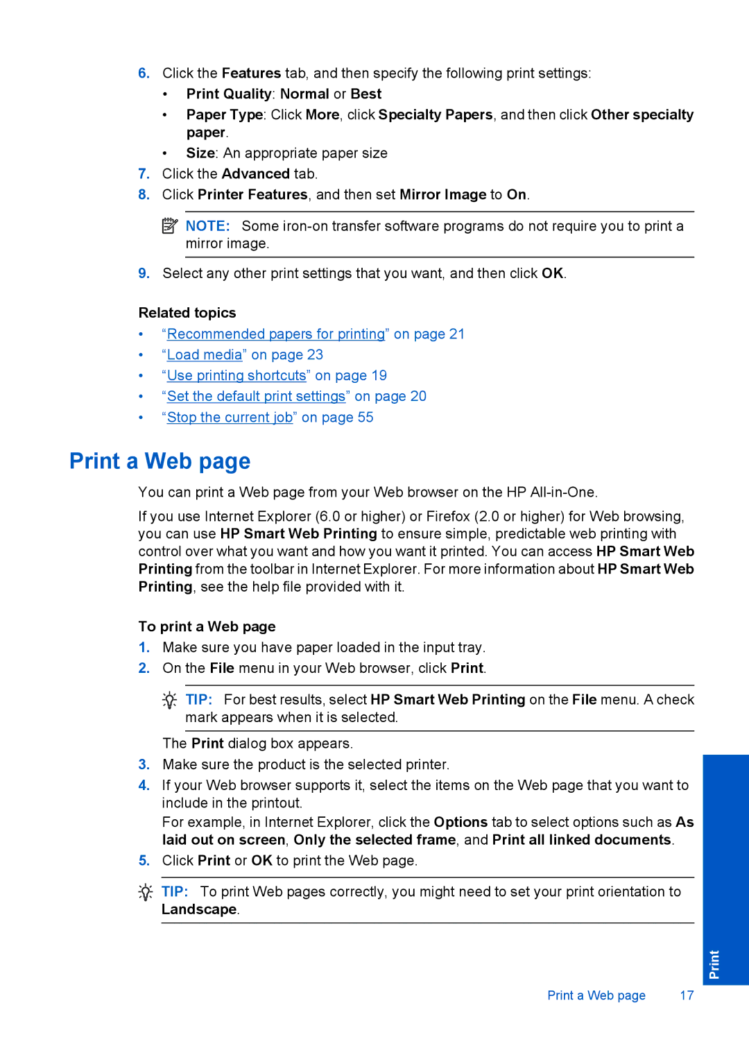 HP F2400 manual Print a Web, Click Printer Features, and then set Mirror Image to On, To print a Web 