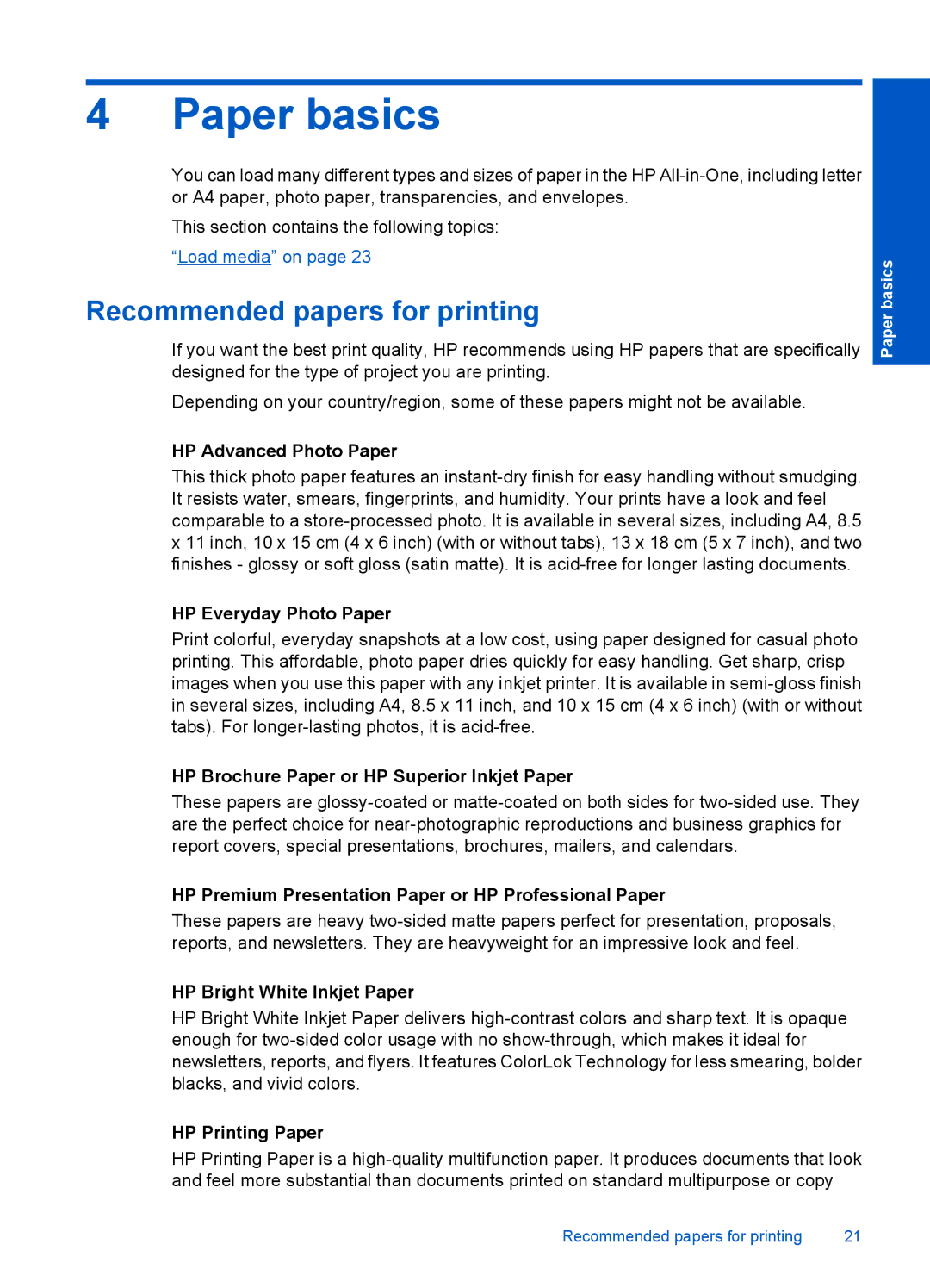 HP F2400 manual Paper basics, Recommended papers for printing 