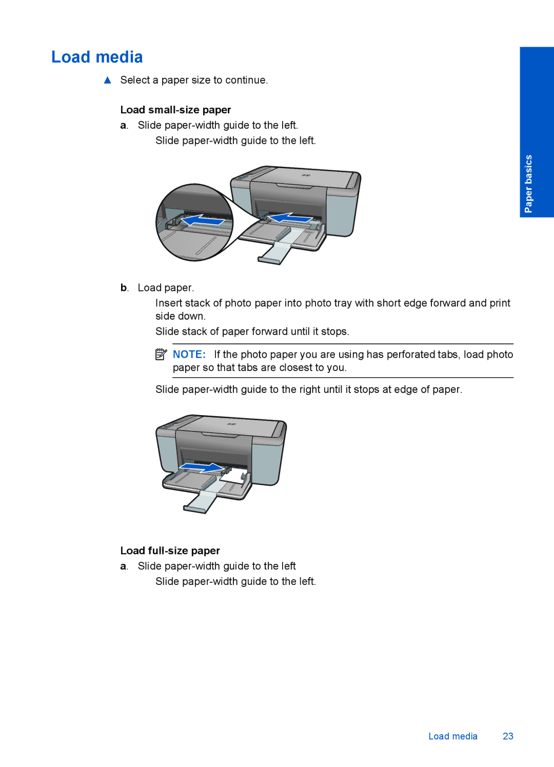 HP F2400 manual Load media, Load small-size paper, Load full-size paper 