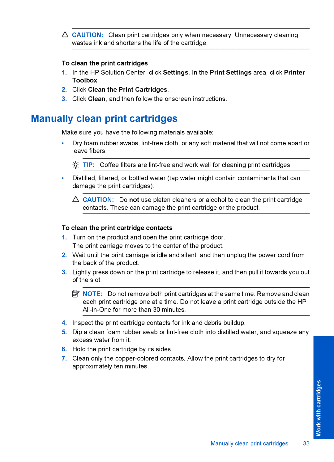 HP F2400 manual Manually clean print cartridges, To clean the print cartridges, Click Clean the Print Cartridges 