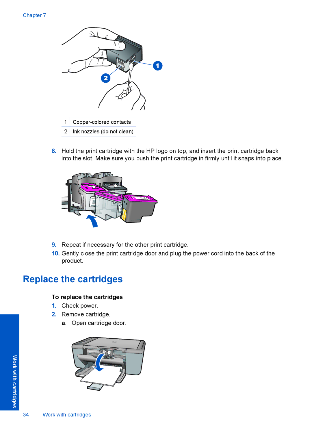 HP F2400 manual Replace the cartridges, To replace the cartridges 