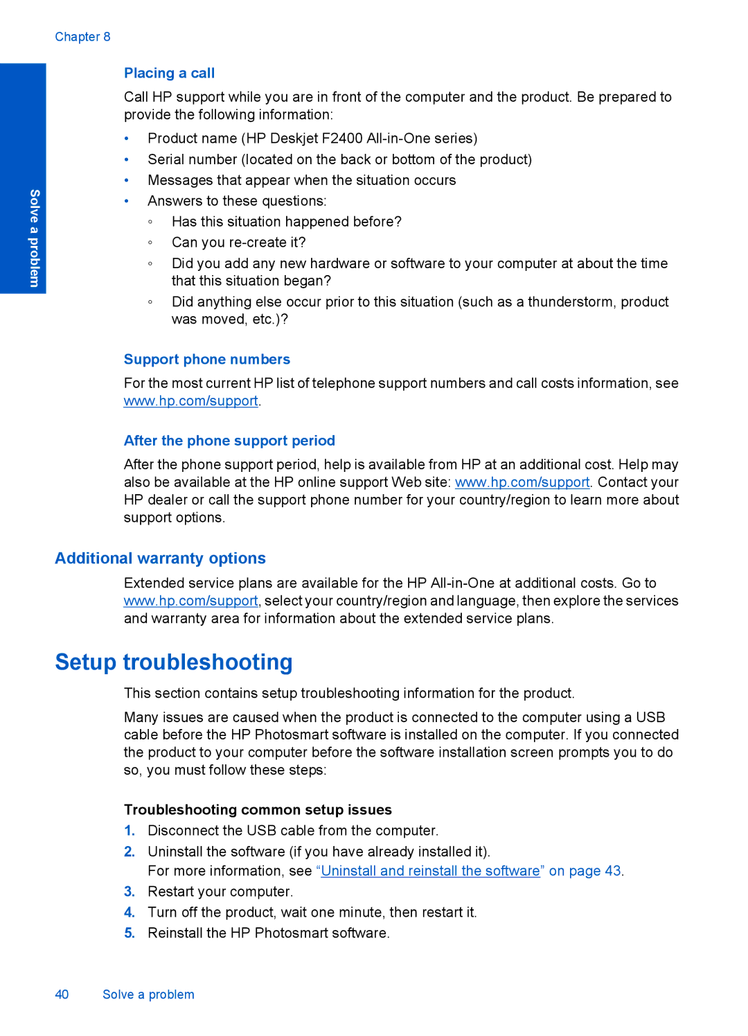 HP F2400 manual Setup troubleshooting, Additional warranty options, Placing a call, Troubleshooting common setup issues 