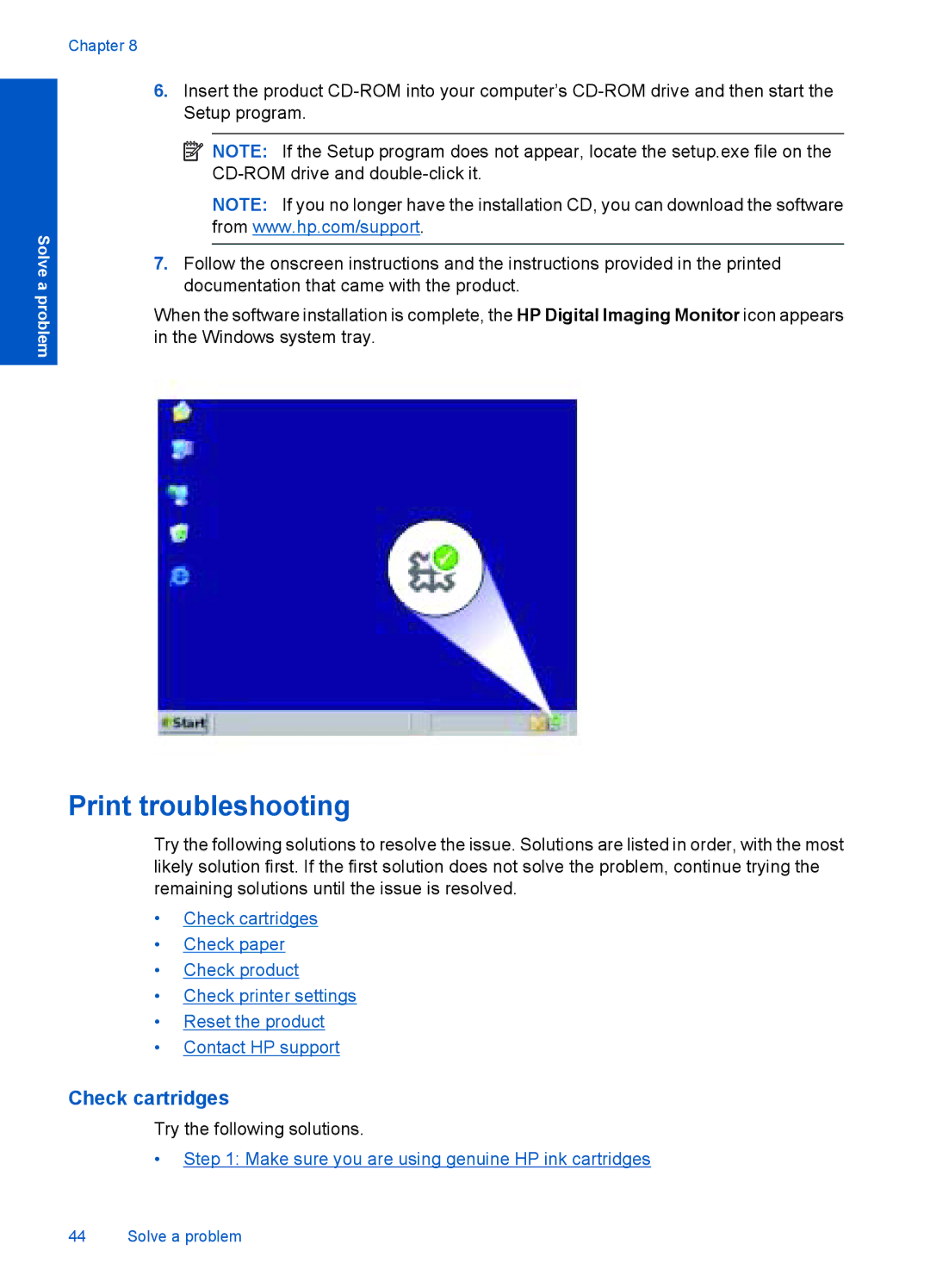 HP F2400 manual Print troubleshooting, Check cartridges 