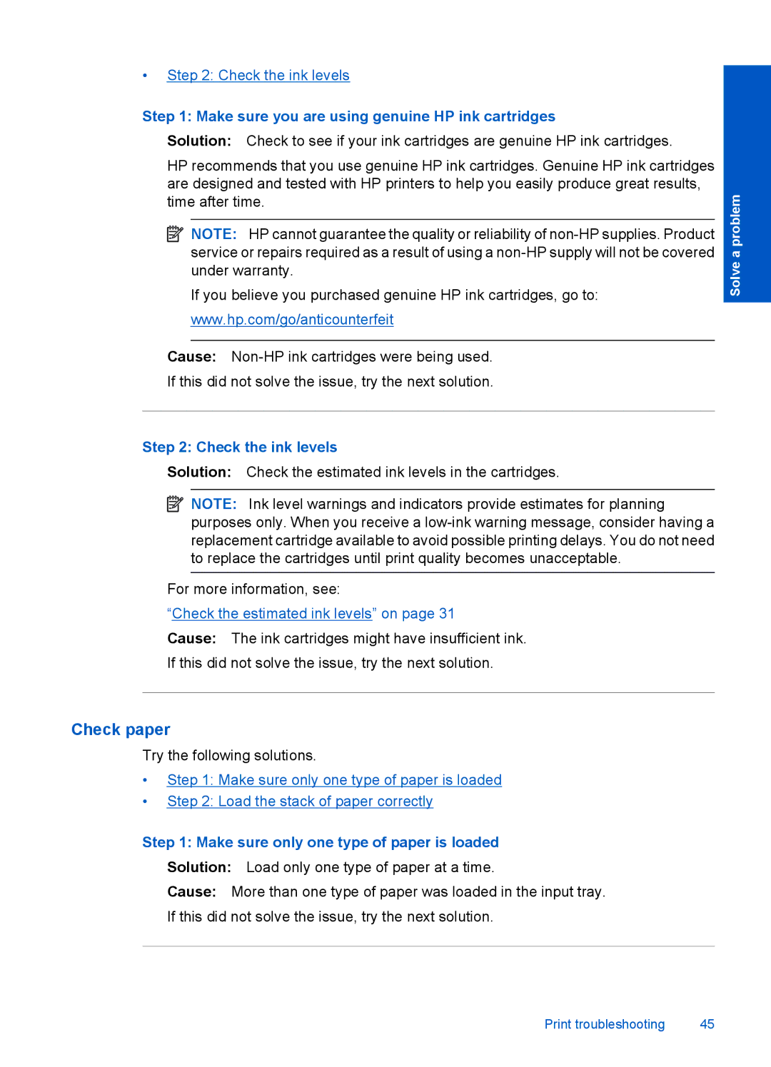 HP F2400 manual Check paper, Make sure you are using genuine HP ink cartridges, Check the ink levels 