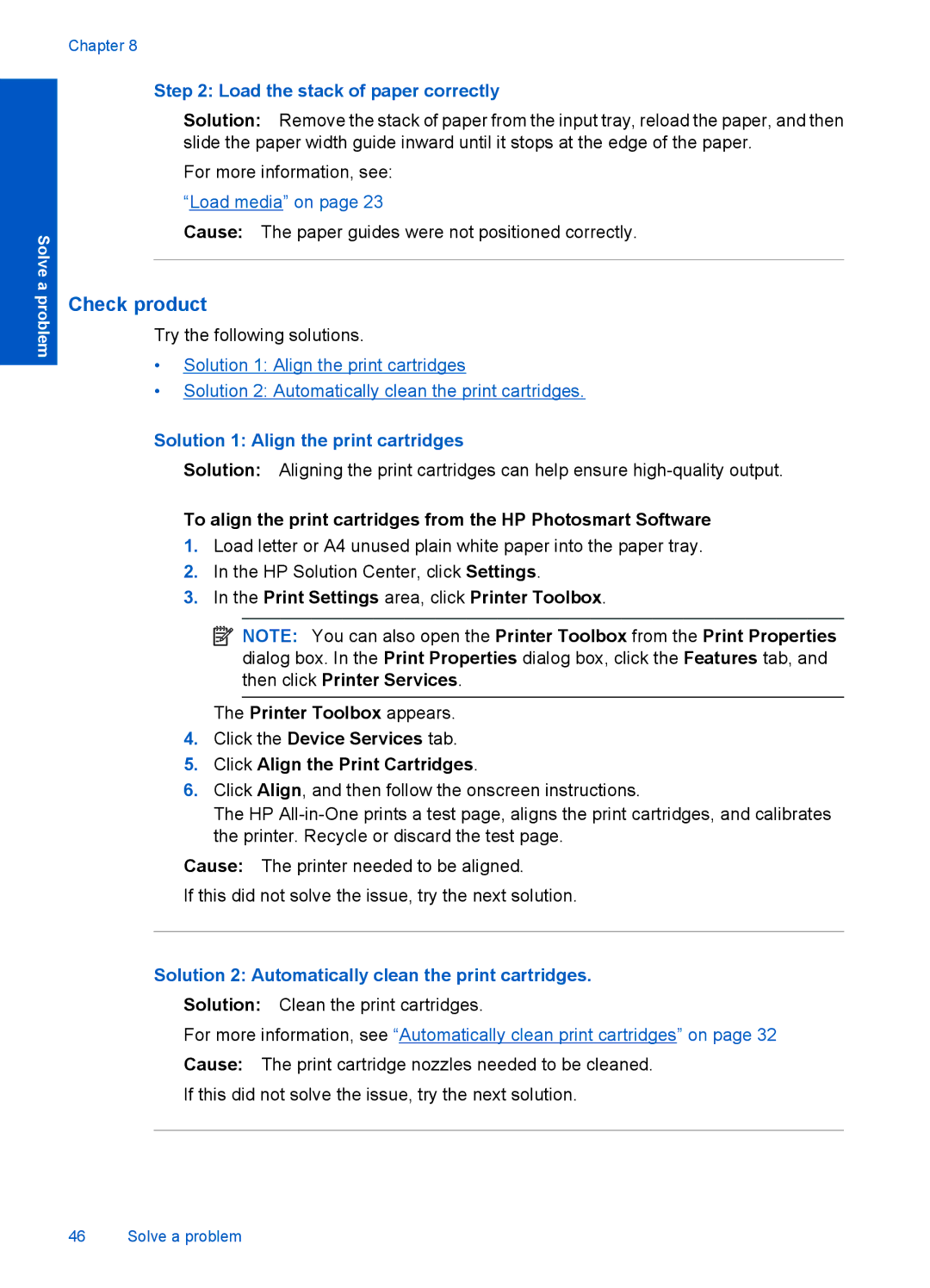 HP F2400 manual Check product, Load the stack of paper correctly, Solution 1 Align the print cartridges 