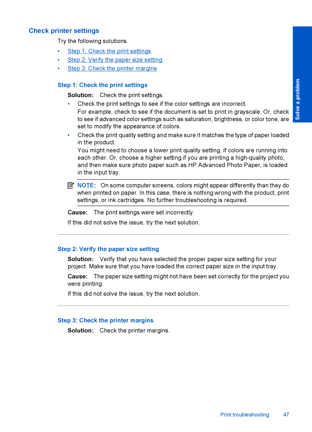 HP F2400 manual Check printer settings, Check the print settings, Verify the paper size setting, Check the printer margins 