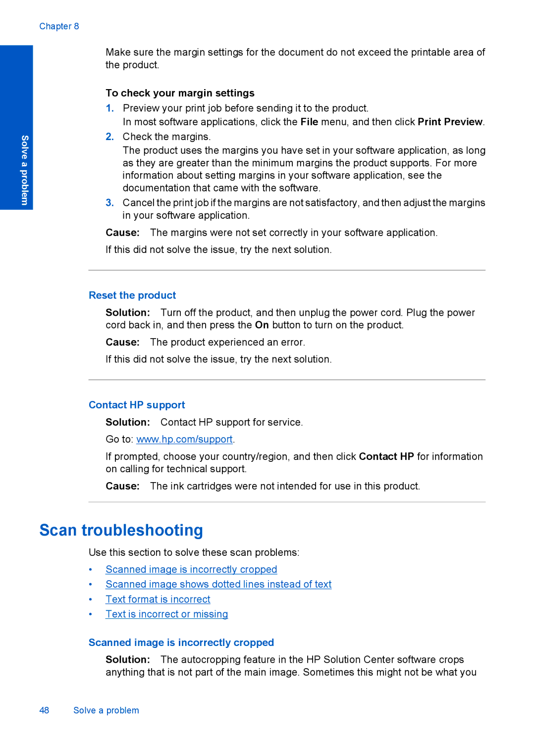 HP F2400 manual Scan troubleshooting, To check your margin settings, Reset the product, Contact HP support 