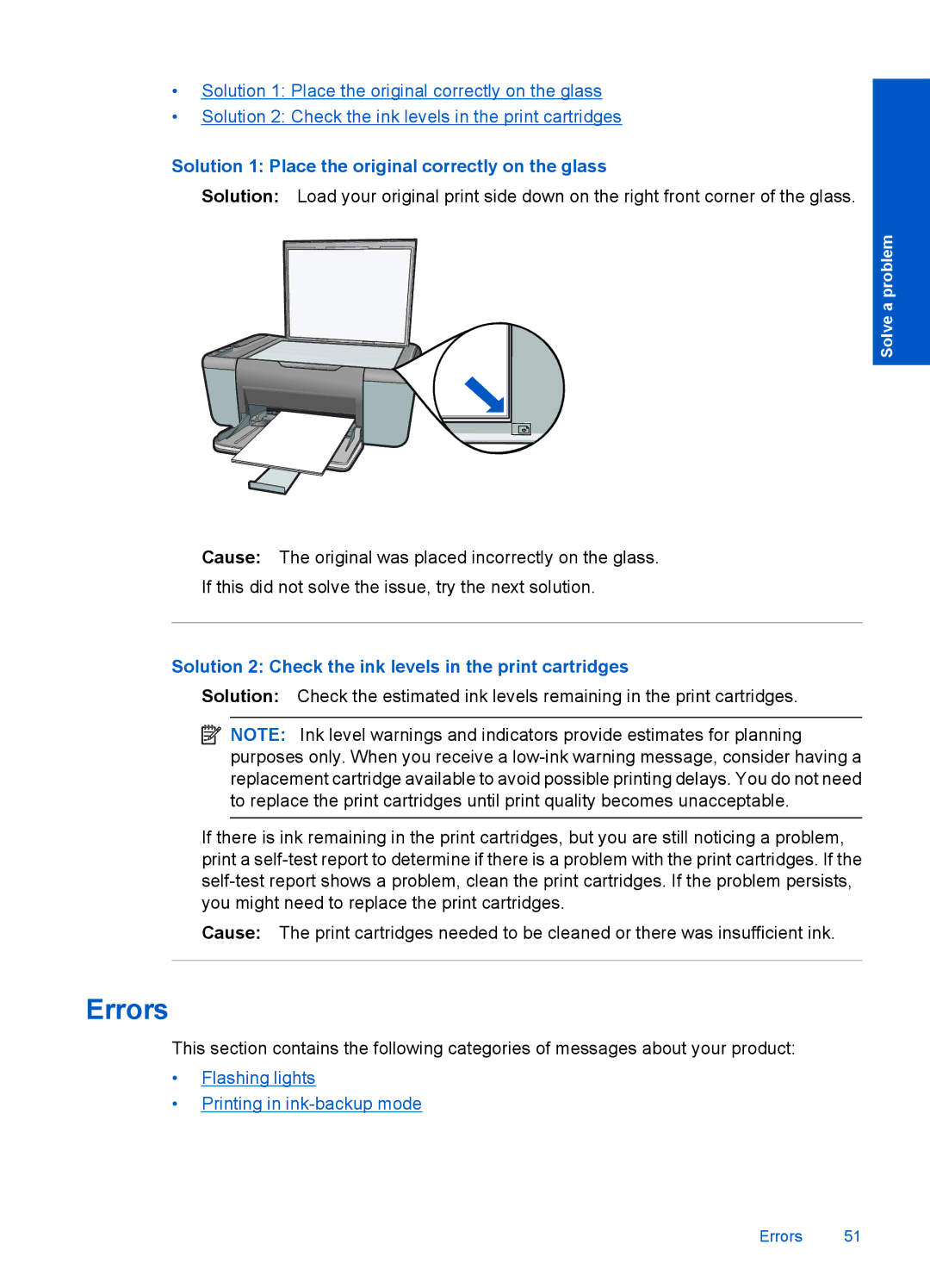 HP F2400 manual Errors, Solution 2 Check the ink levels in the print cartridges 