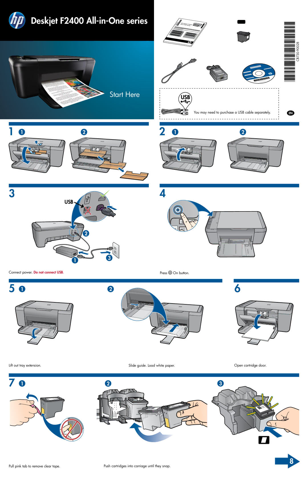 HP F2410, F2430, F2480 manual Deskjet F2400 All-in-One series, Start Here, CB730-90028* *CB730-90028* CB730-90028 