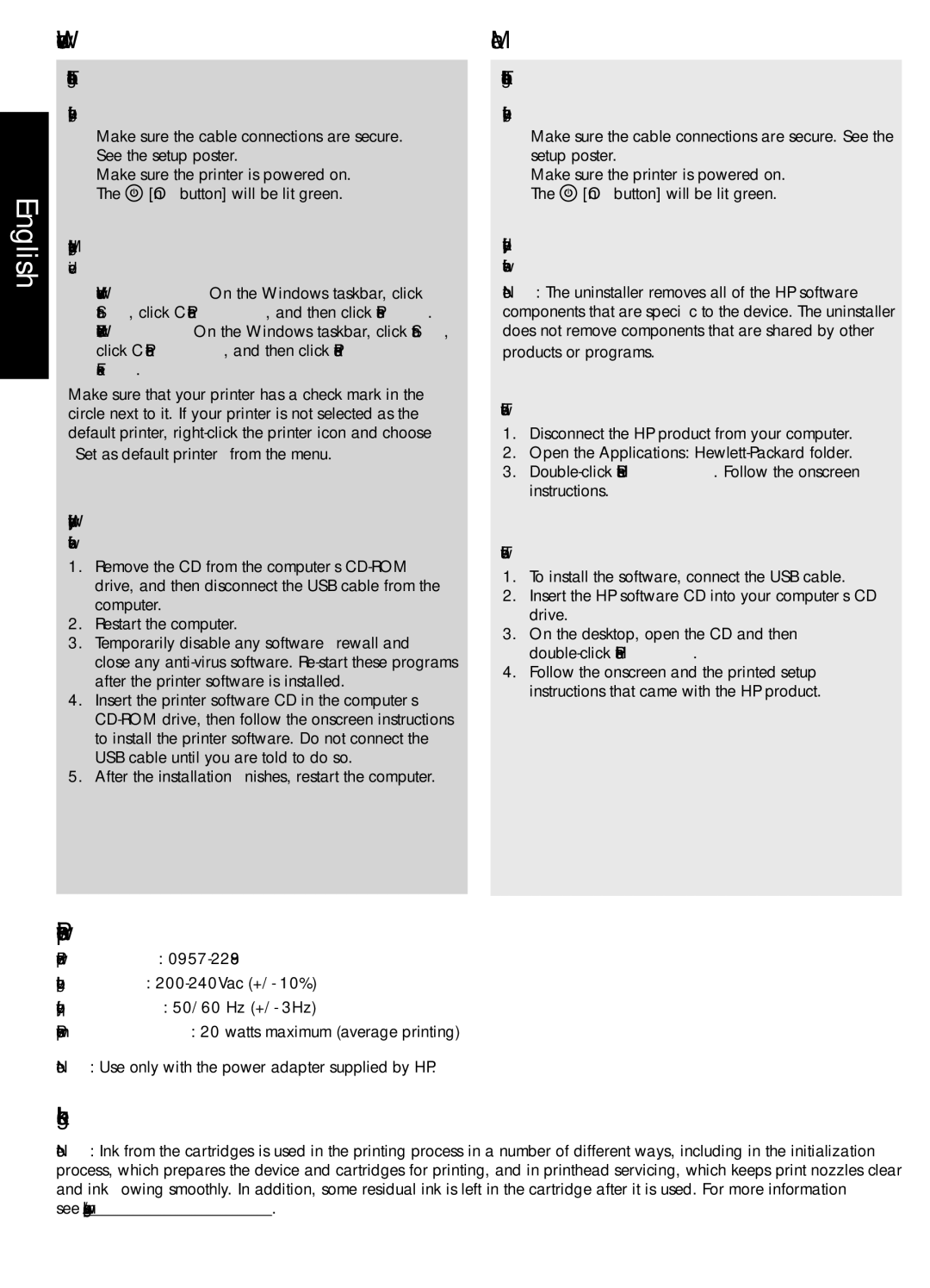 HP F2410, F2430, F2420 manual Power specifications, Ink usage, Installation Troubleshooting 