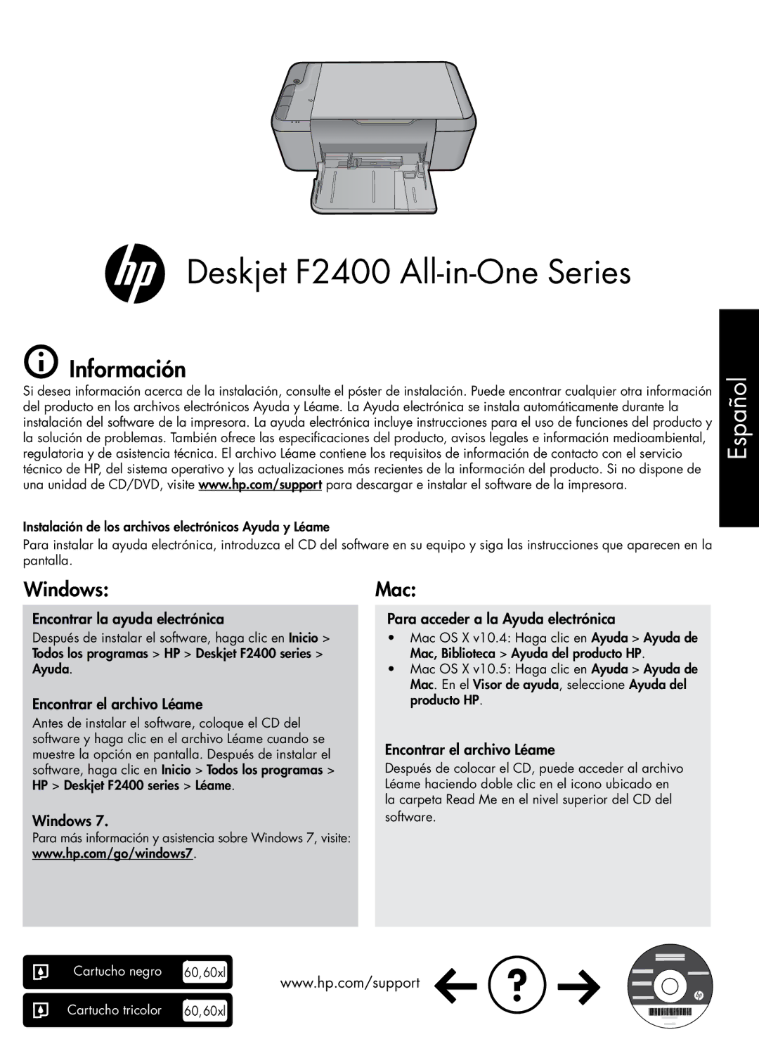 HP F2410 Información, Encontrar la ayuda electrónica, Encontrar el archivo Léame, Para acceder a la Ayuda electrónica 