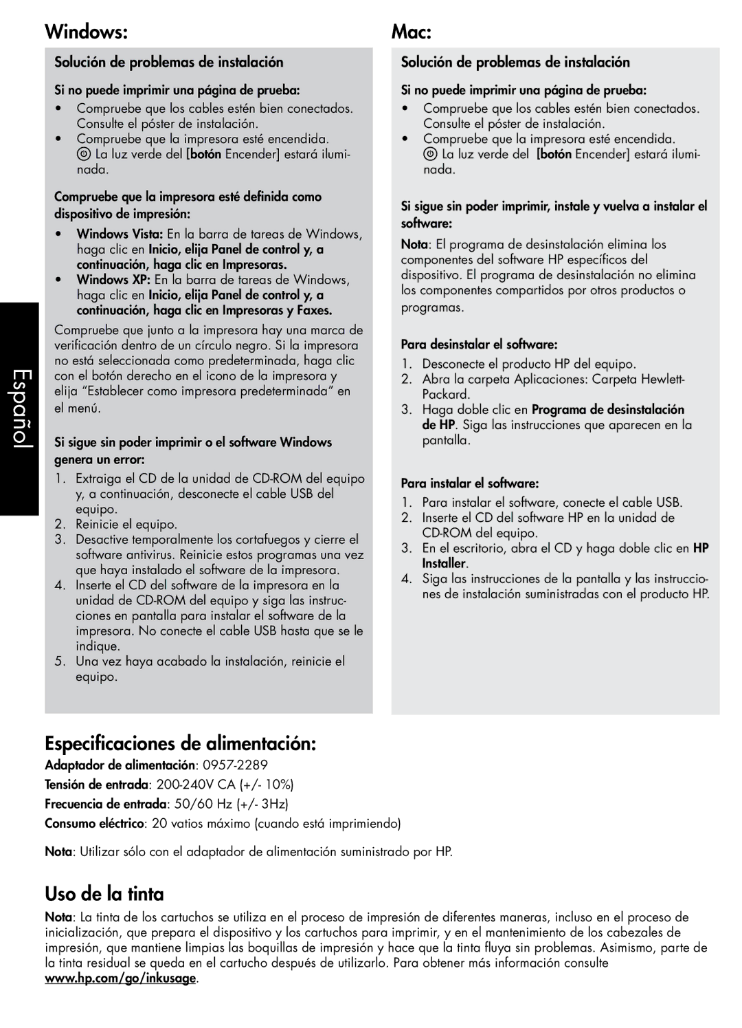 HP F2430, F2420, F2410 manual Especificaciones de alimentación, Uso de la tinta, Solución de problemas de instalación 