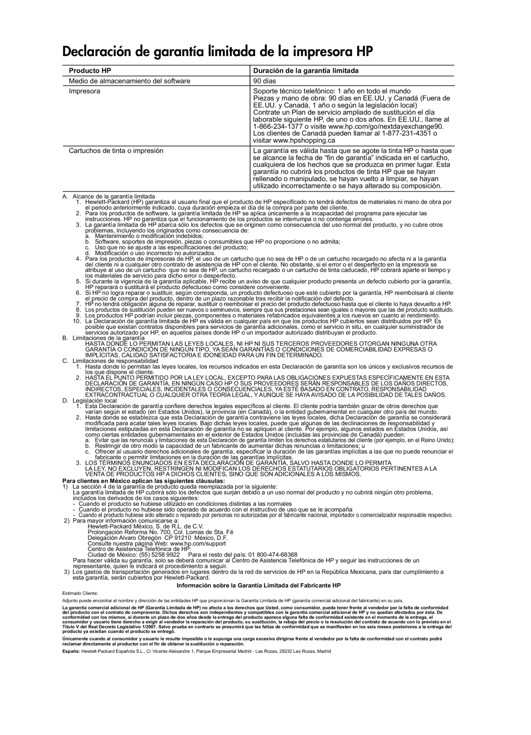 HP F2410, F2430, F2420 Declaración de garantía limitada de la impresora HP, Producto HP Duración de la garantía limitada 