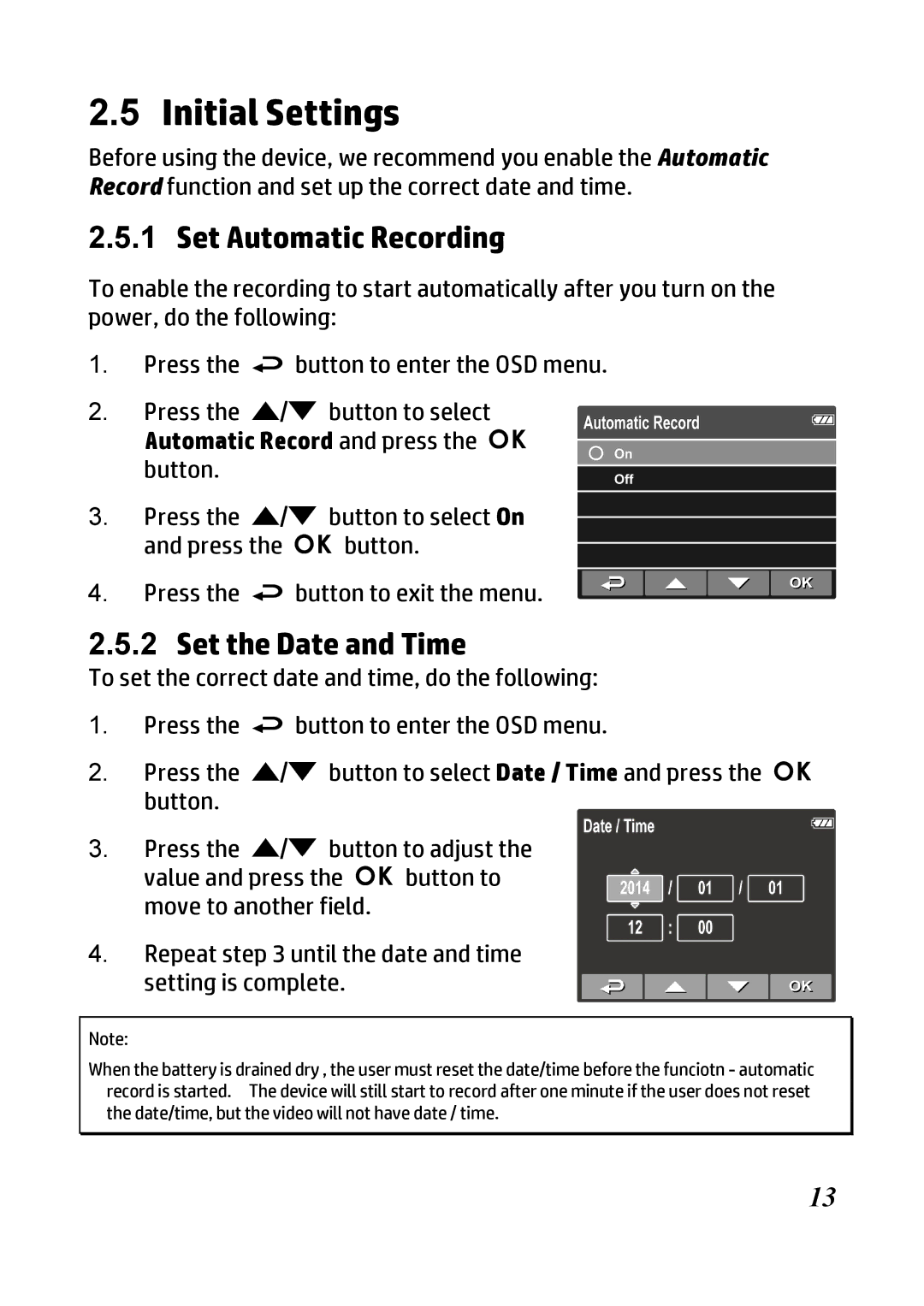 HP f300 Car manual Initial Settings, Set Automatic Recording, Set the Date and Time 