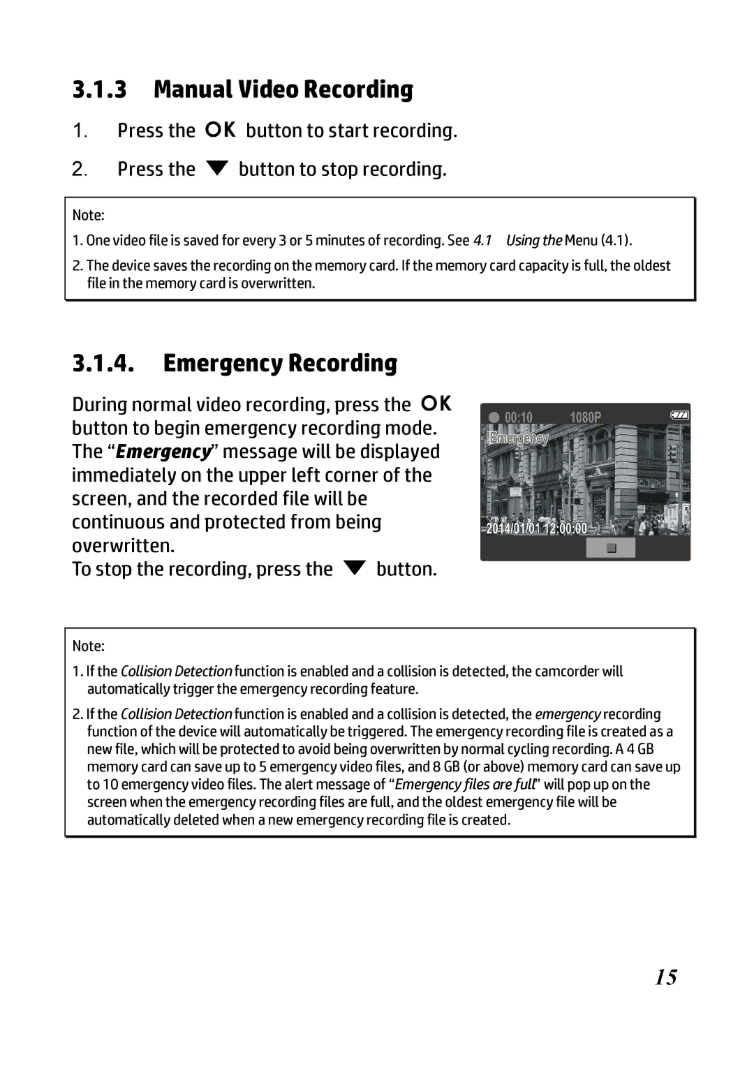 HP f300 Car manual Manual Video Recording, Emergency Recording 