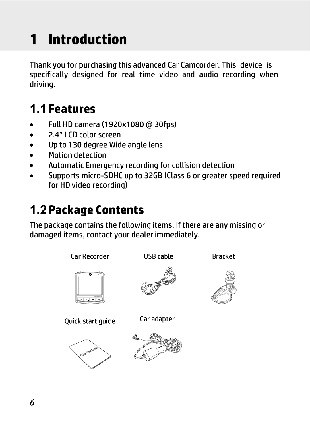 HP f300 Car manual Introduction, Features, Package Contents 