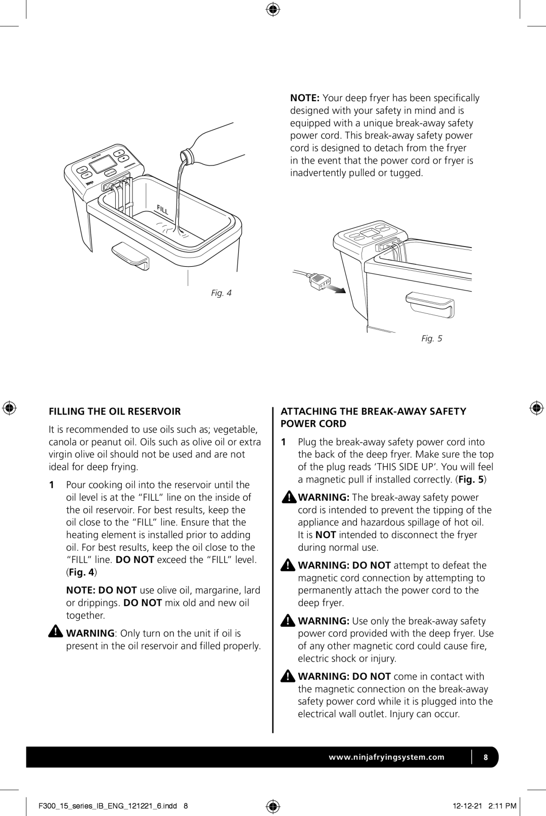 HP F300 manual Filling the OIL Reservoir, Attaching the BREAK-AWAY Safety Power Cord 