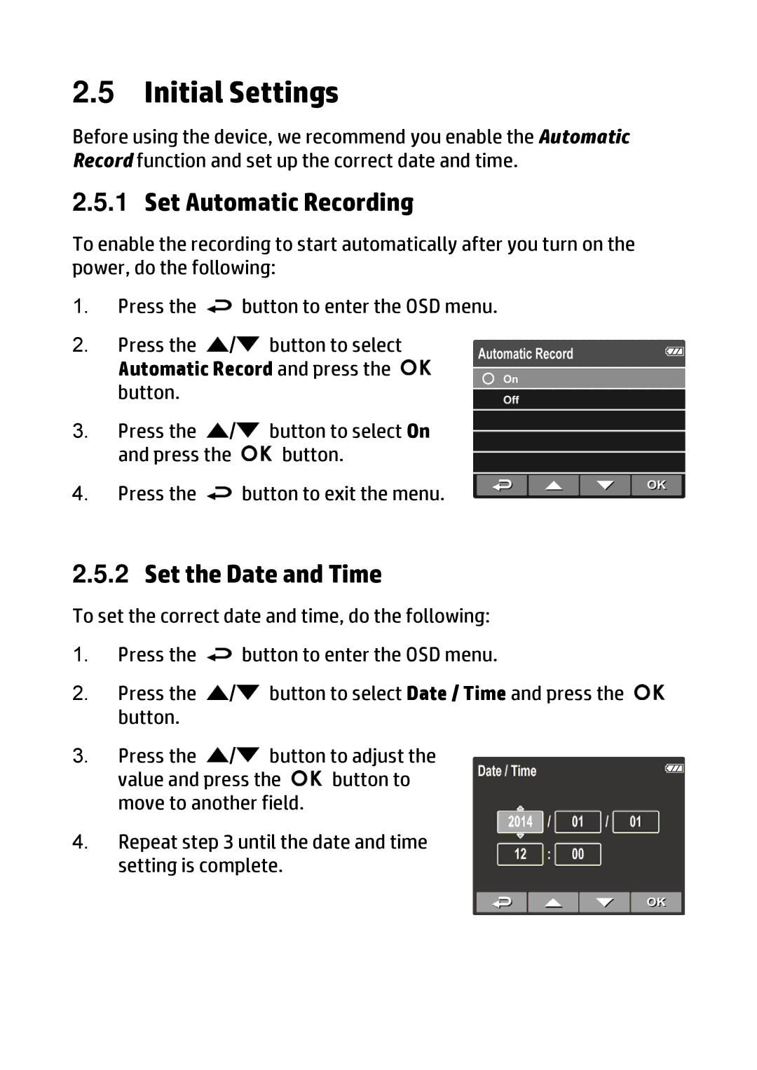 HP f310 Car manual Initial Settings, Set Automatic Recording, Set the Date and Time 