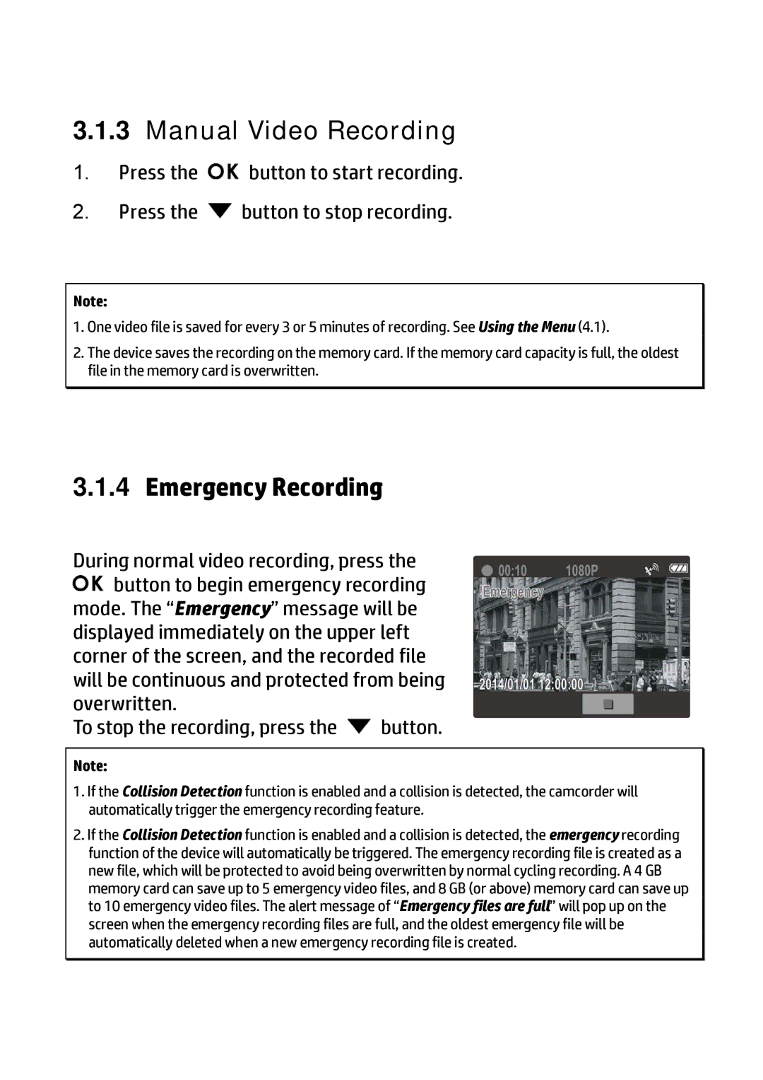 HP f310 Car manual Manual Video Recording, Emergency Recording 