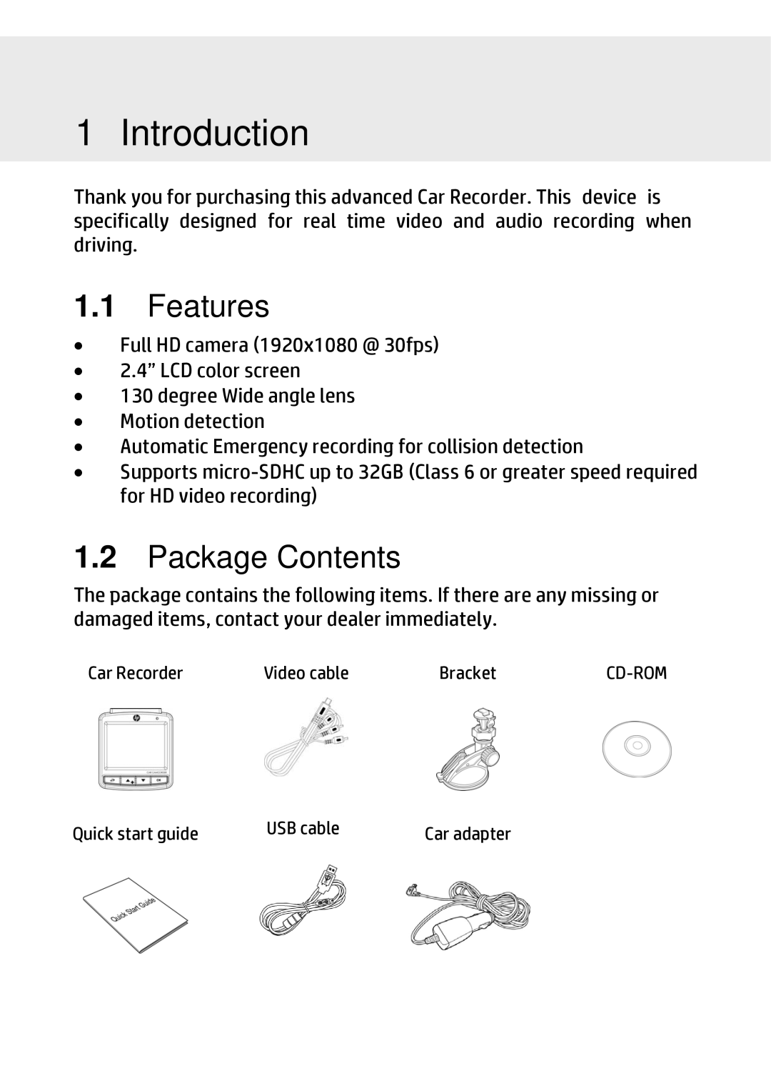 HP f310 Car manual Introduction, Features, Package Contents 