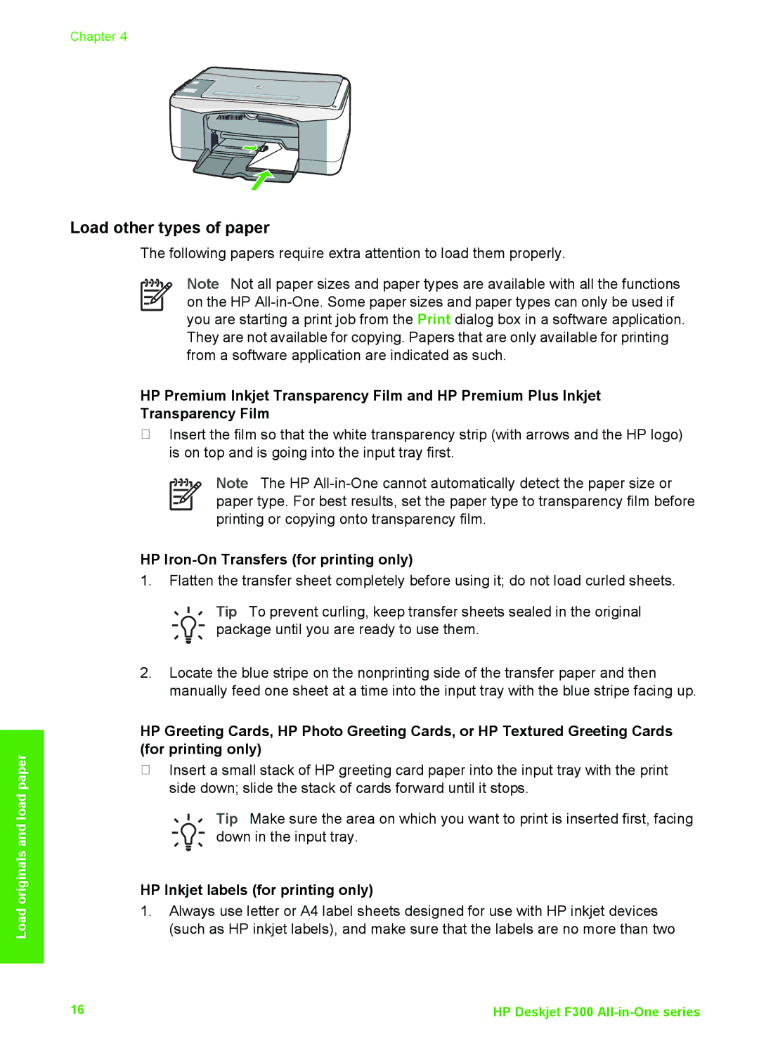 HP F370, F375, F335 Load other types of paper, HP Iron-On Transfers for printing only, HP Inkjet labels for printing only 