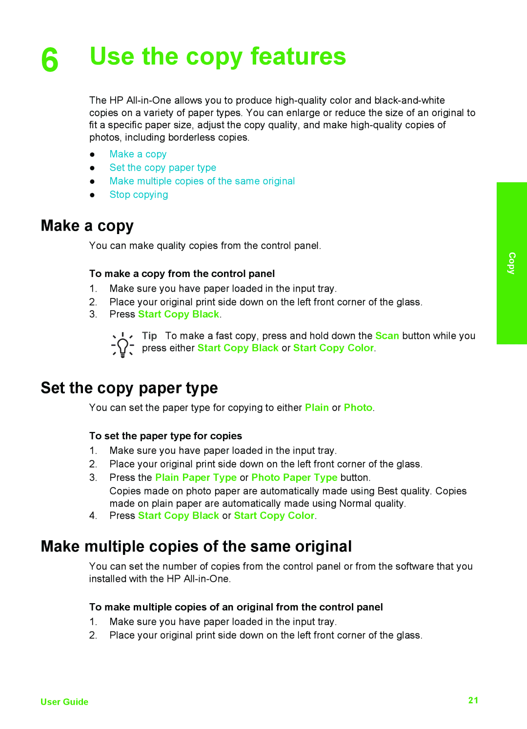 HP F375, F370, F335 Use the copy features, Make a copy, Set the copy paper type, Make multiple copies of the same original 