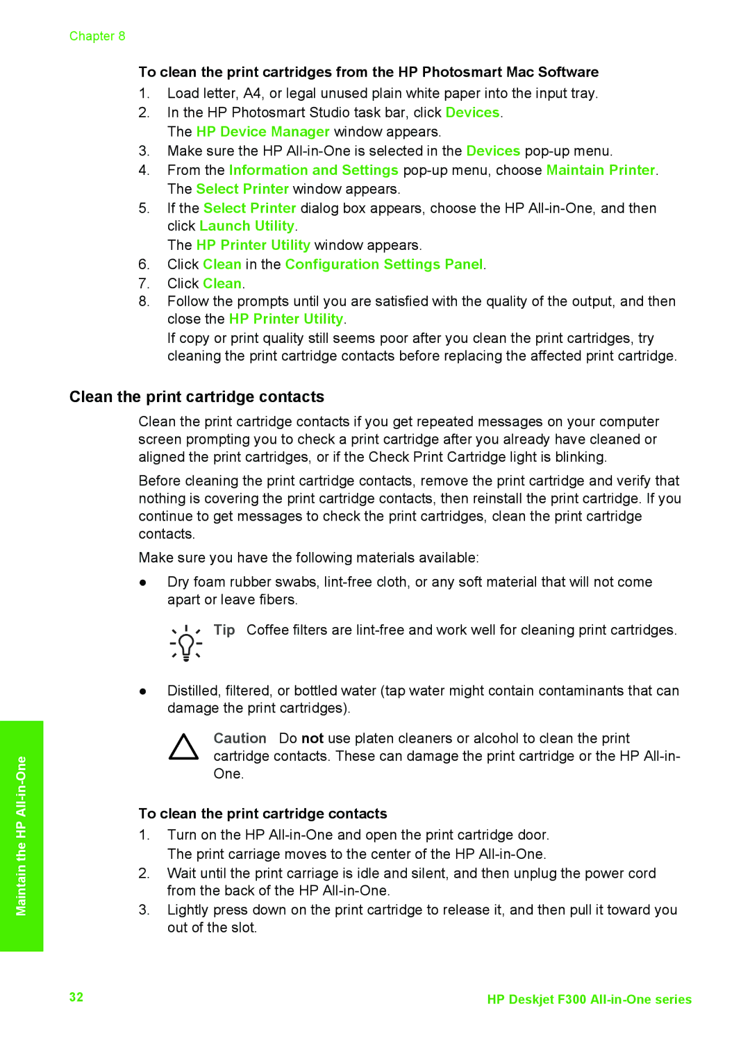 HP F380, F375, F370, F335, F325, F340 manual Clean the print cartridge contacts, Click Clean in the Configuration Settings Panel 