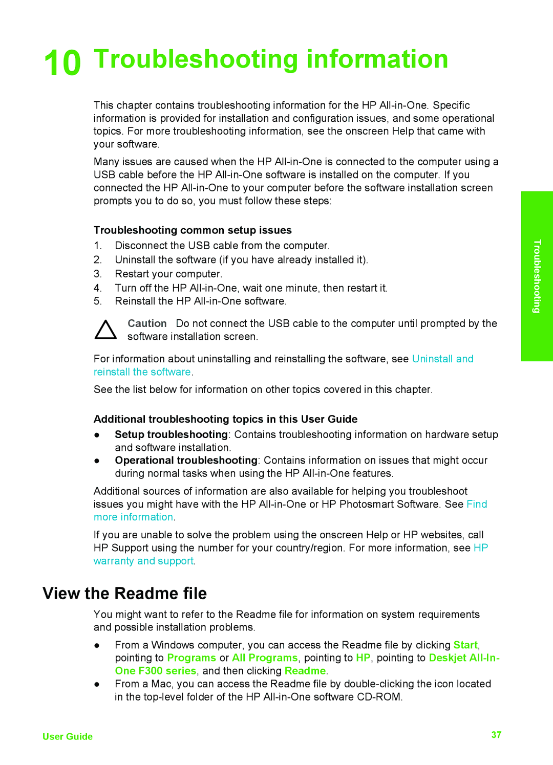 HP F340, F375, F370, F335, F325, F380 Troubleshooting information, View the Readme file, Troubleshooting common setup issues 