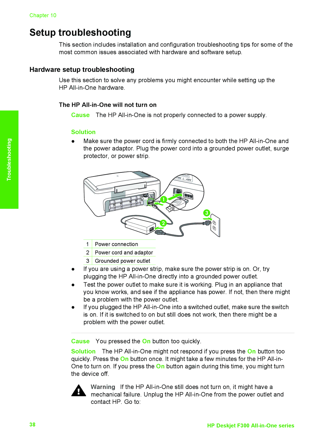 HP F380, F375, F370, F335 Setup troubleshooting, Hardware setup troubleshooting, HP All-in-One will not turn on, Solution 