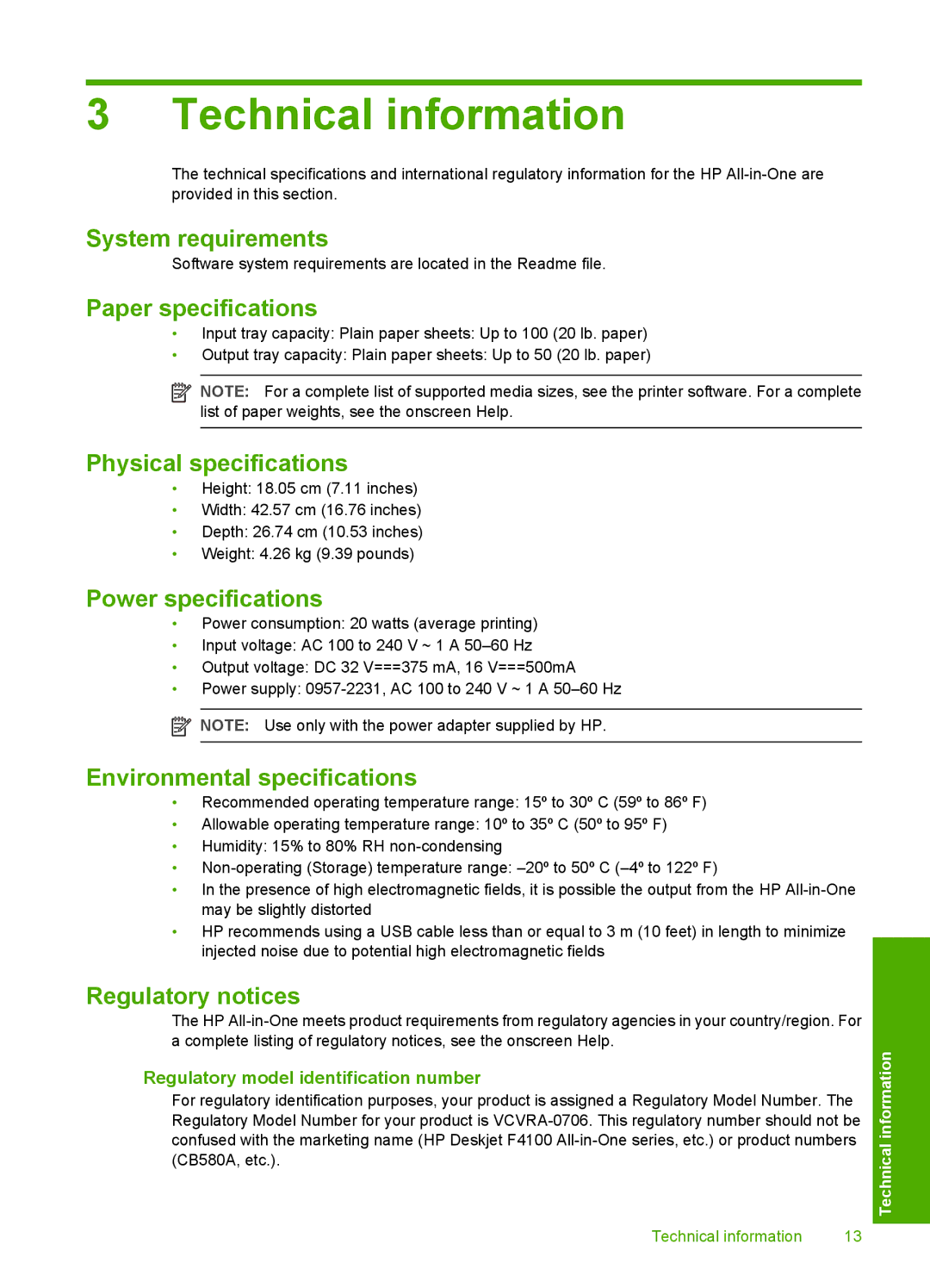 HP F4135, F4140, F4185, F4172, F4190 manual Technical information 