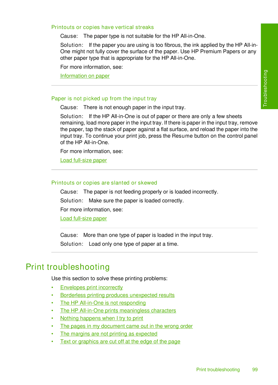 HP F4185 Print troubleshooting, Printouts or copies have vertical streaks, Paper is not picked up from the input tray 