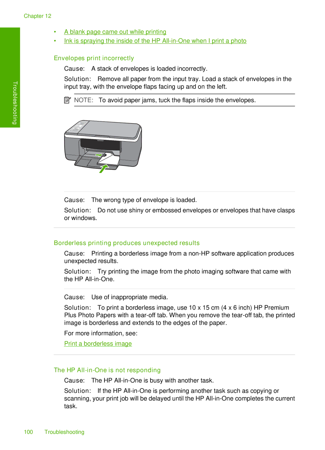 HP F4172 Envelopes print incorrectly, Borderless printing produces unexpected results, HP All-in-One is not responding 