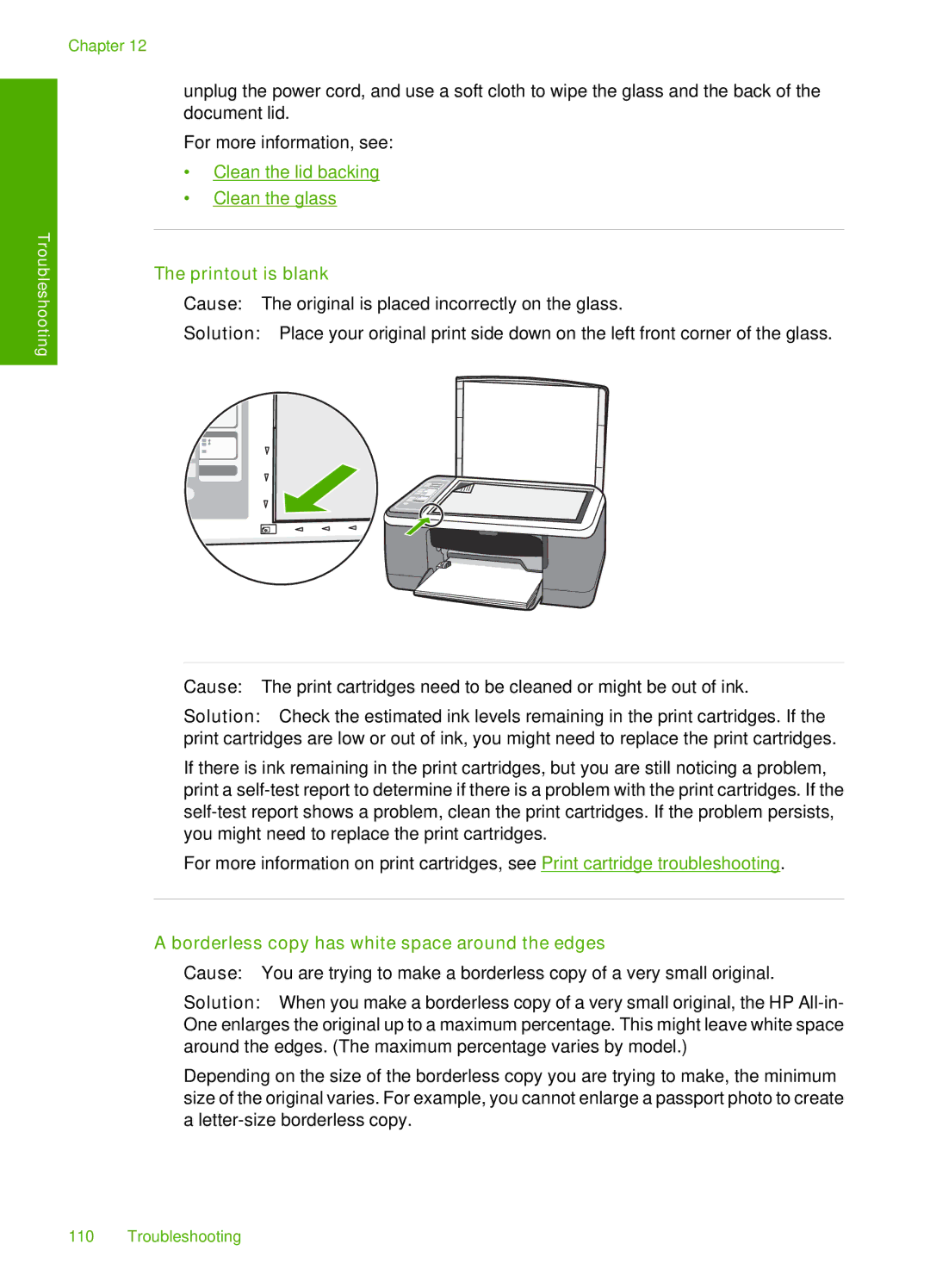 HP F4172, F4140, F4185, F4190, F4180 manual Printout is blank, Borderless copy has white space around the edges 