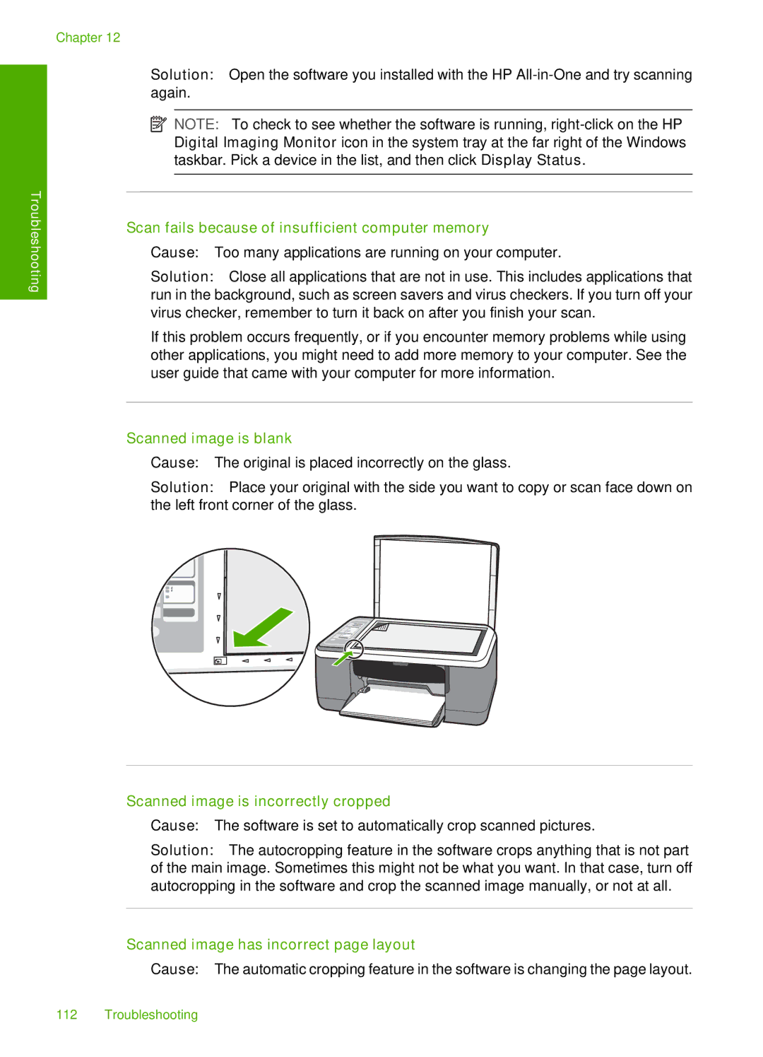 HP F4180 Scan fails because of insufficient computer memory, Scanned image is blank, Scanned image is incorrectly cropped 