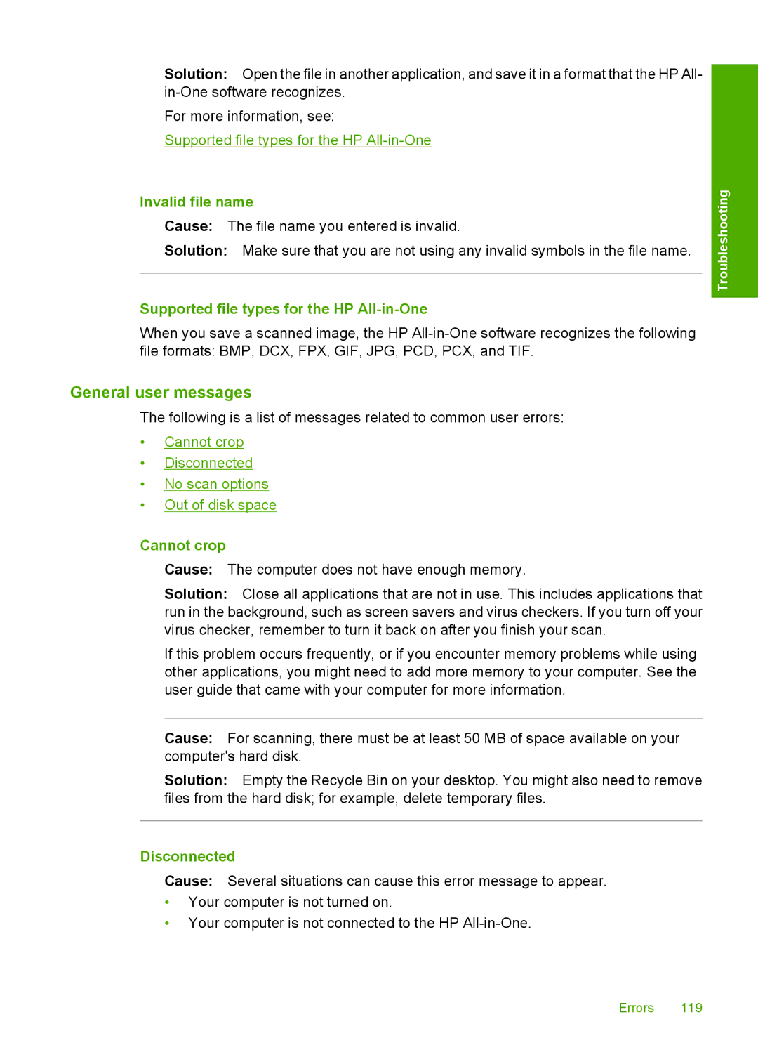 HP F4185 General user messages, Invalid file name, Supported file types for the HP All-in-One, Cannot crop, Disconnected 