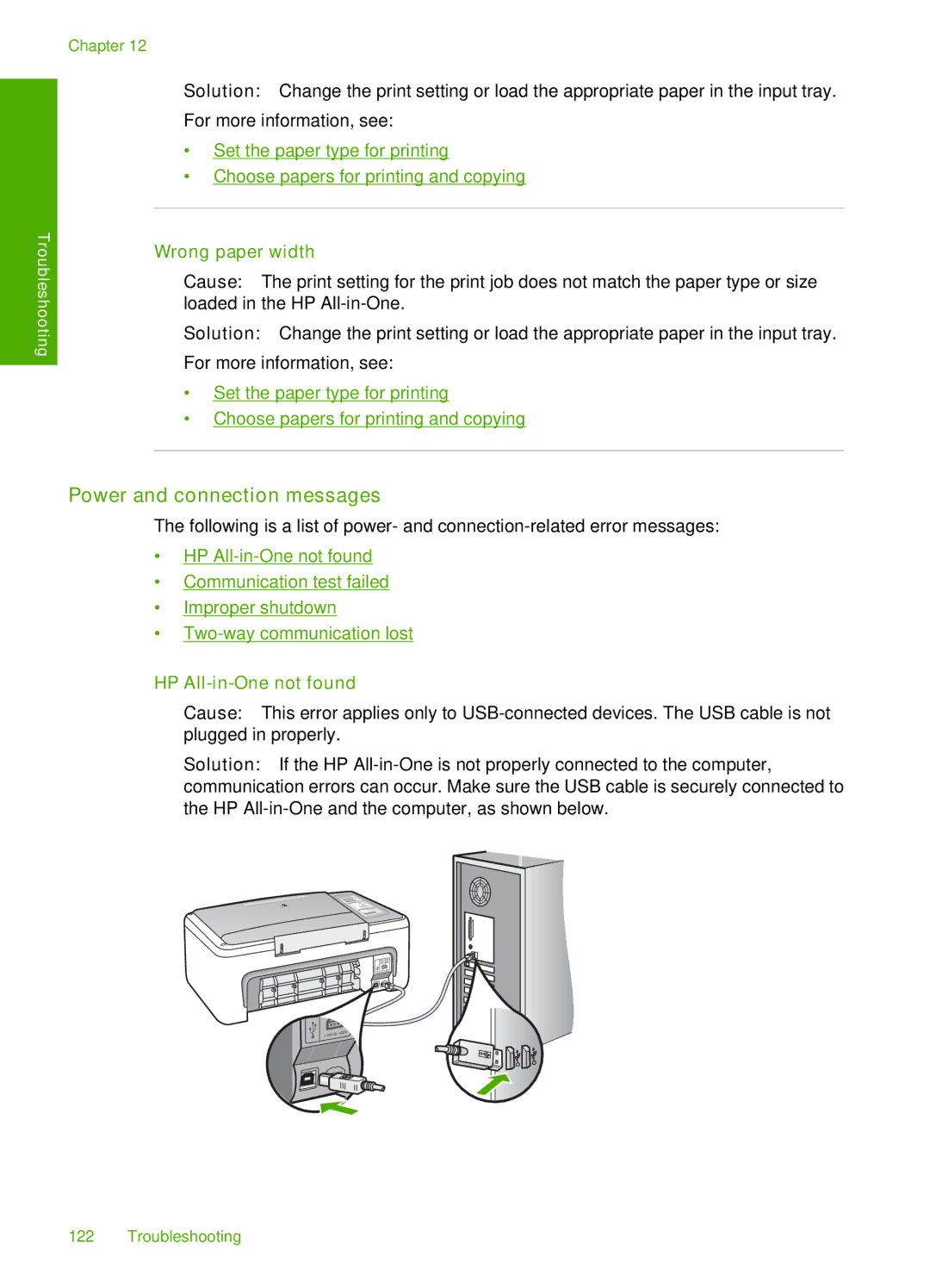 HP F4180, F4140, F4185, F4172, F4190 manual Power and connection messages, Wrong paper width, HP All-in-One not found 