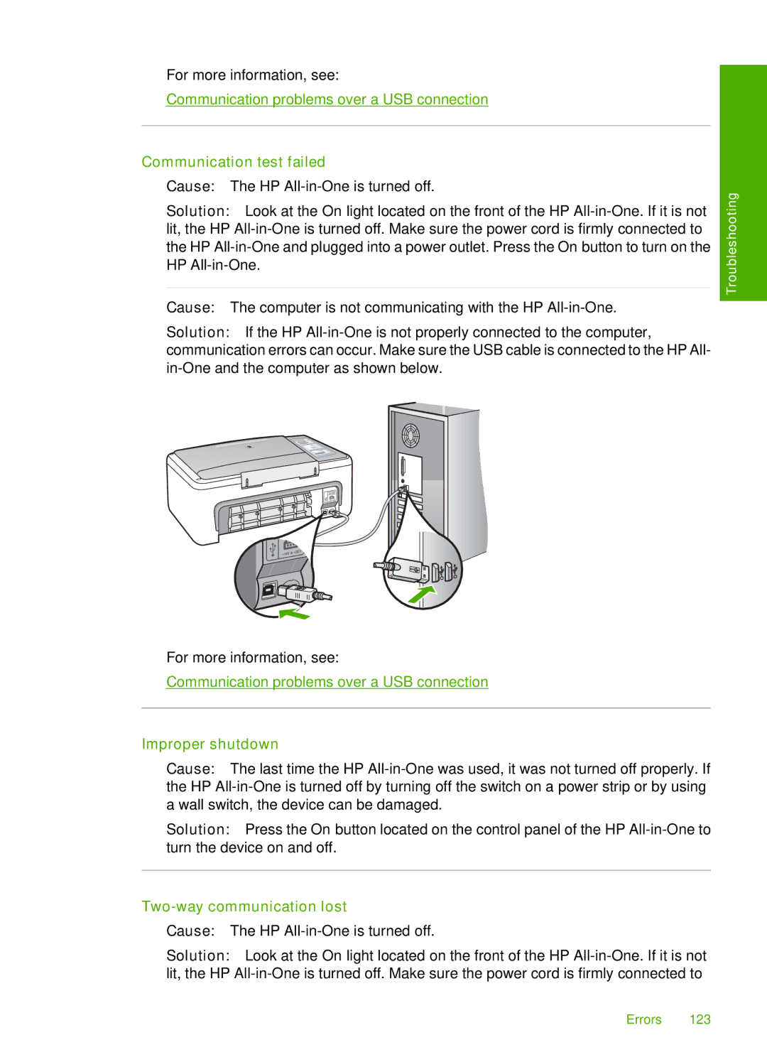 HP F4140, F4185, F4172, F4190, F4180 manual Communication test failed, Improper shutdown, Two-way communication lost 