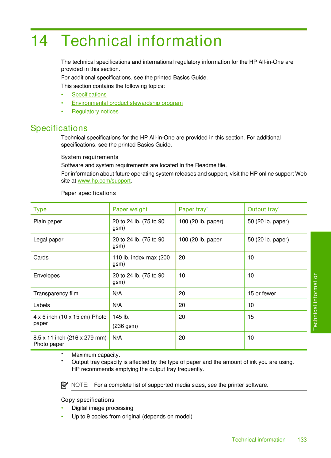 HP F4140, F4185, F4172, F4190, F4180 manual Technical information, Specifications 