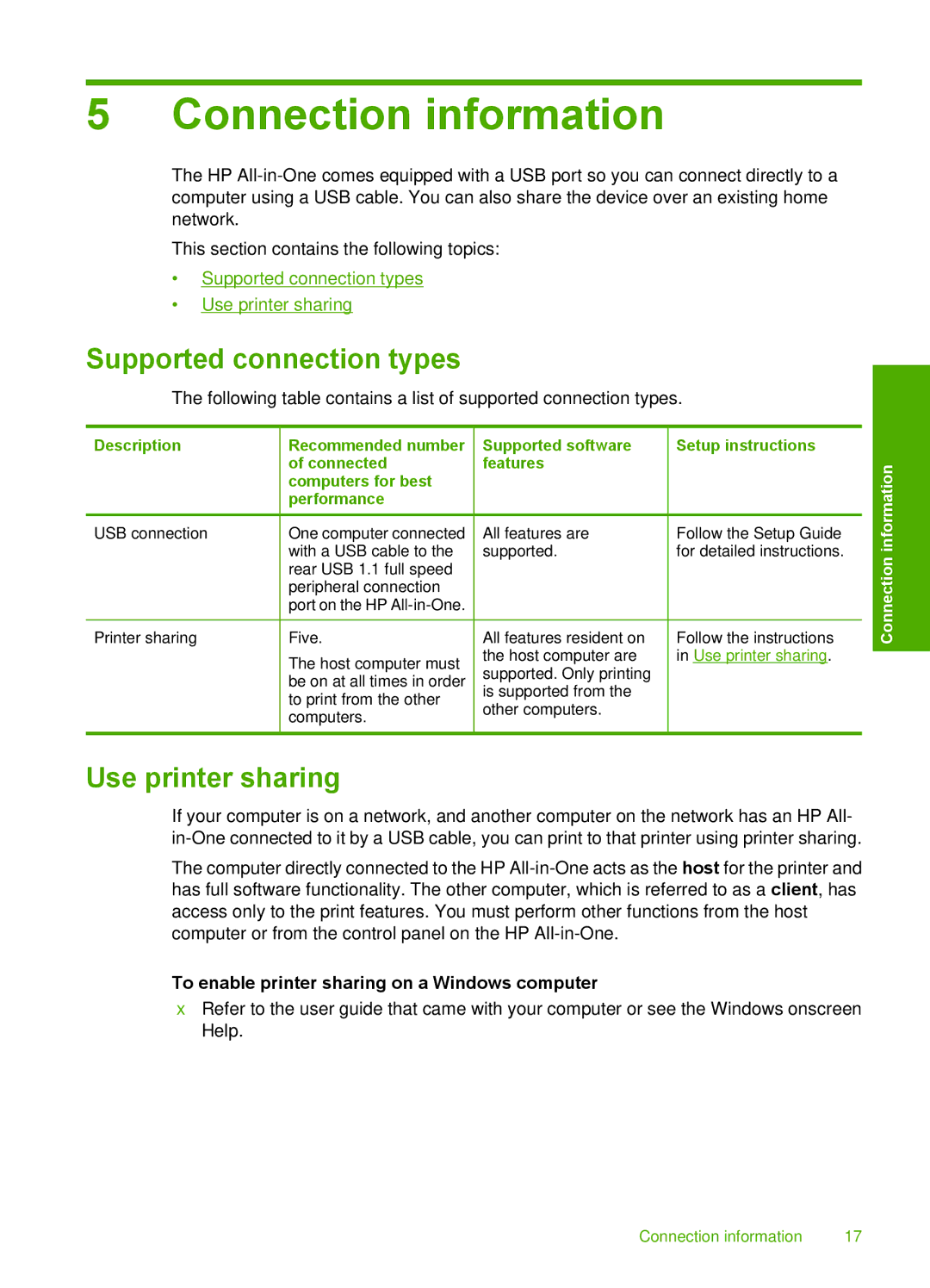 HP F4180, F4140, F4185, F4172, F4190 manual Connection information, Supported connection types, Use printer sharing 