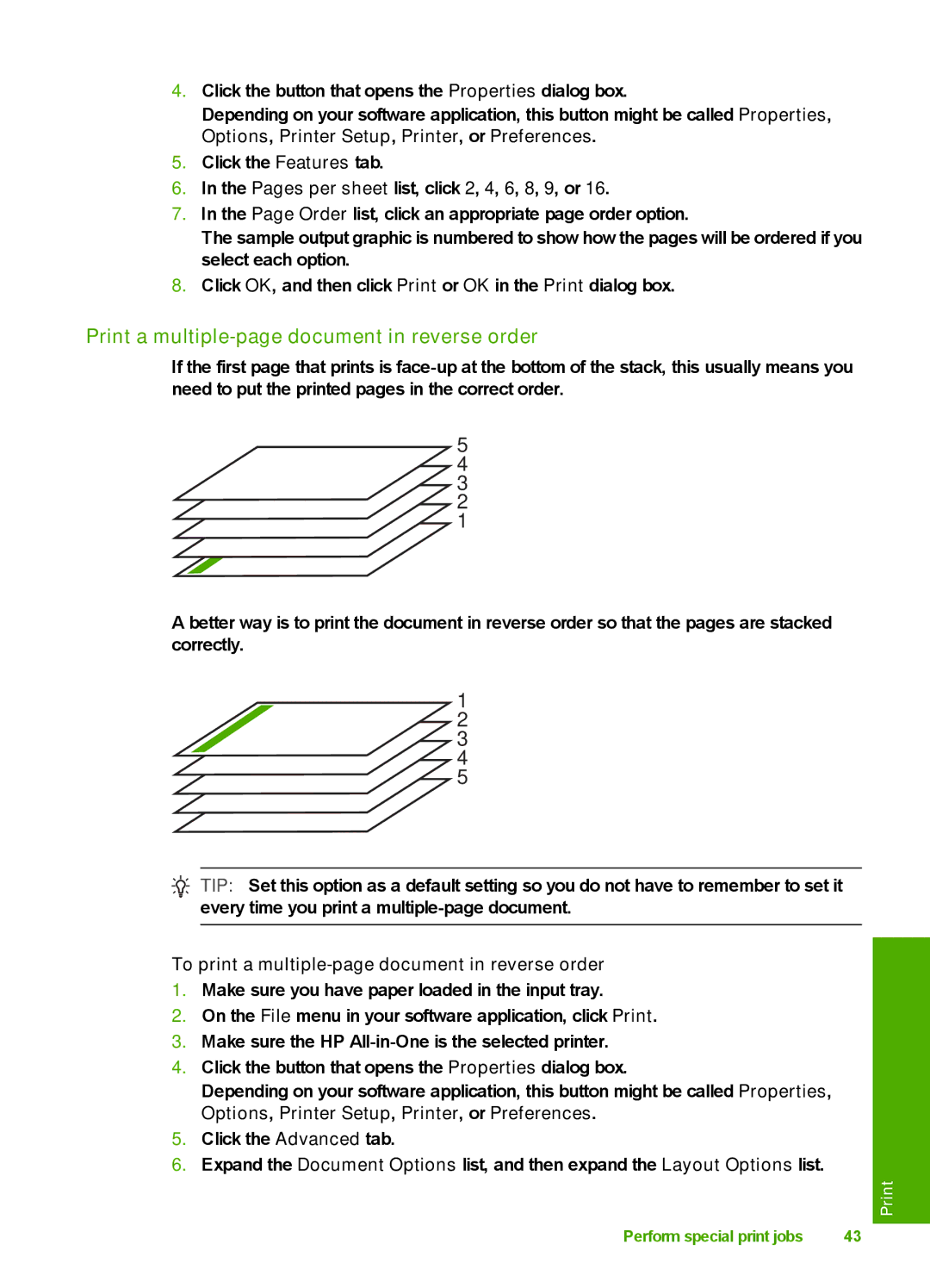 HP F4140, F4185, F4172 Print a multiple-page document in reverse order, To print a multiple-page document in reverse order 