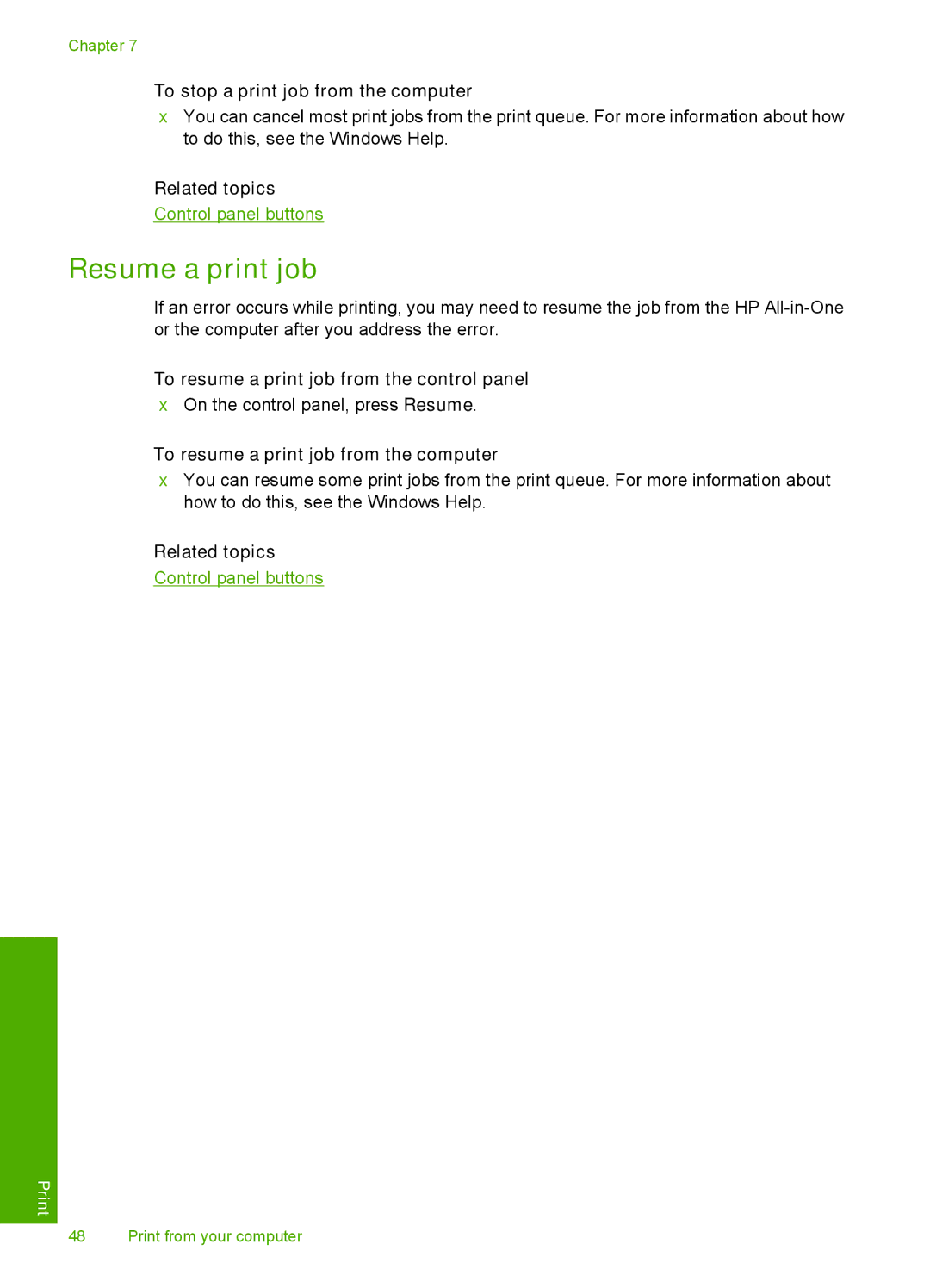 HP F4140, F4185 Resume a print job, To stop a print job from the computer, To resume a print job from the control panel 