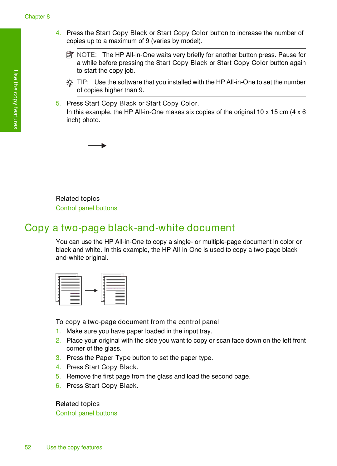 HP F4180, F4140, F4185, F4172 Copy a two-page black-and-white document, To copy a two-page document from the control panel 