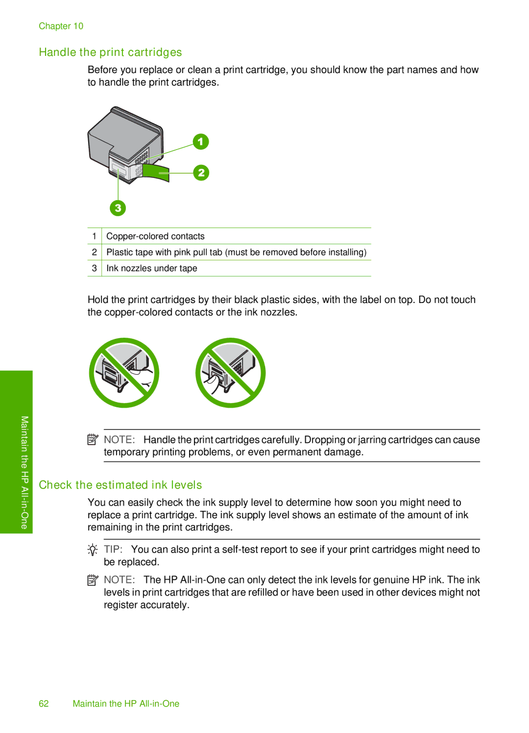 HP F4180, F4140, F4185, F4172, F4190 manual Handle the print cartridges, Check the estimated ink levels 