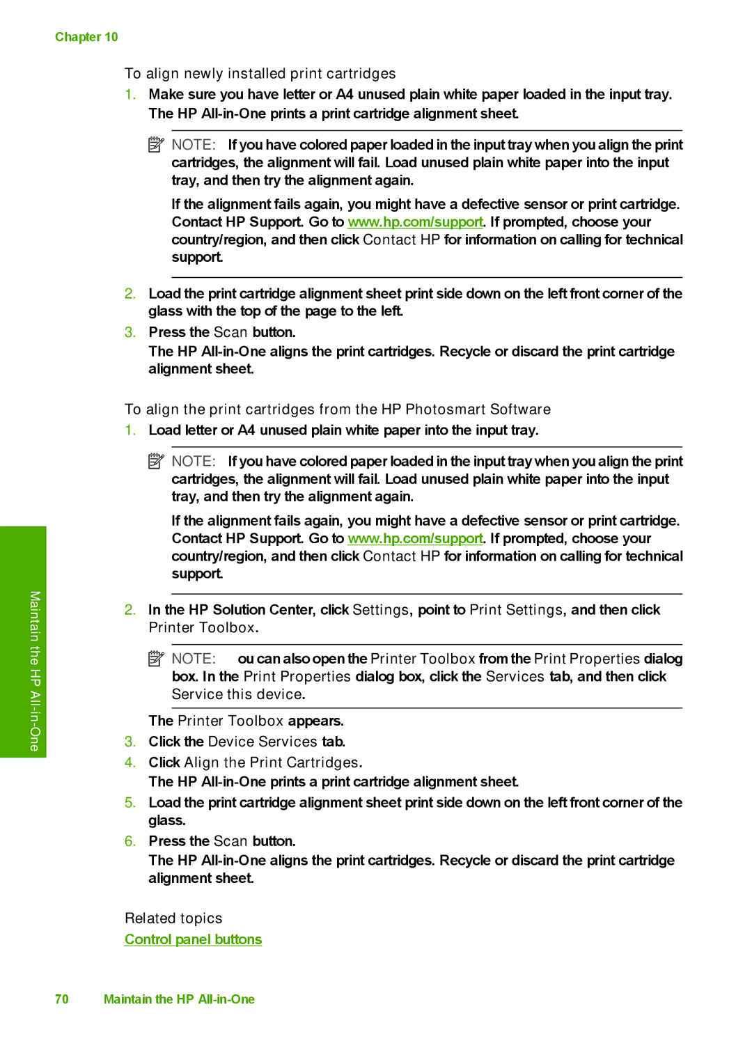 HP F4172, F4140, F4185, F4190, F4180 manual To align newly installed print cartridges, Related topics 