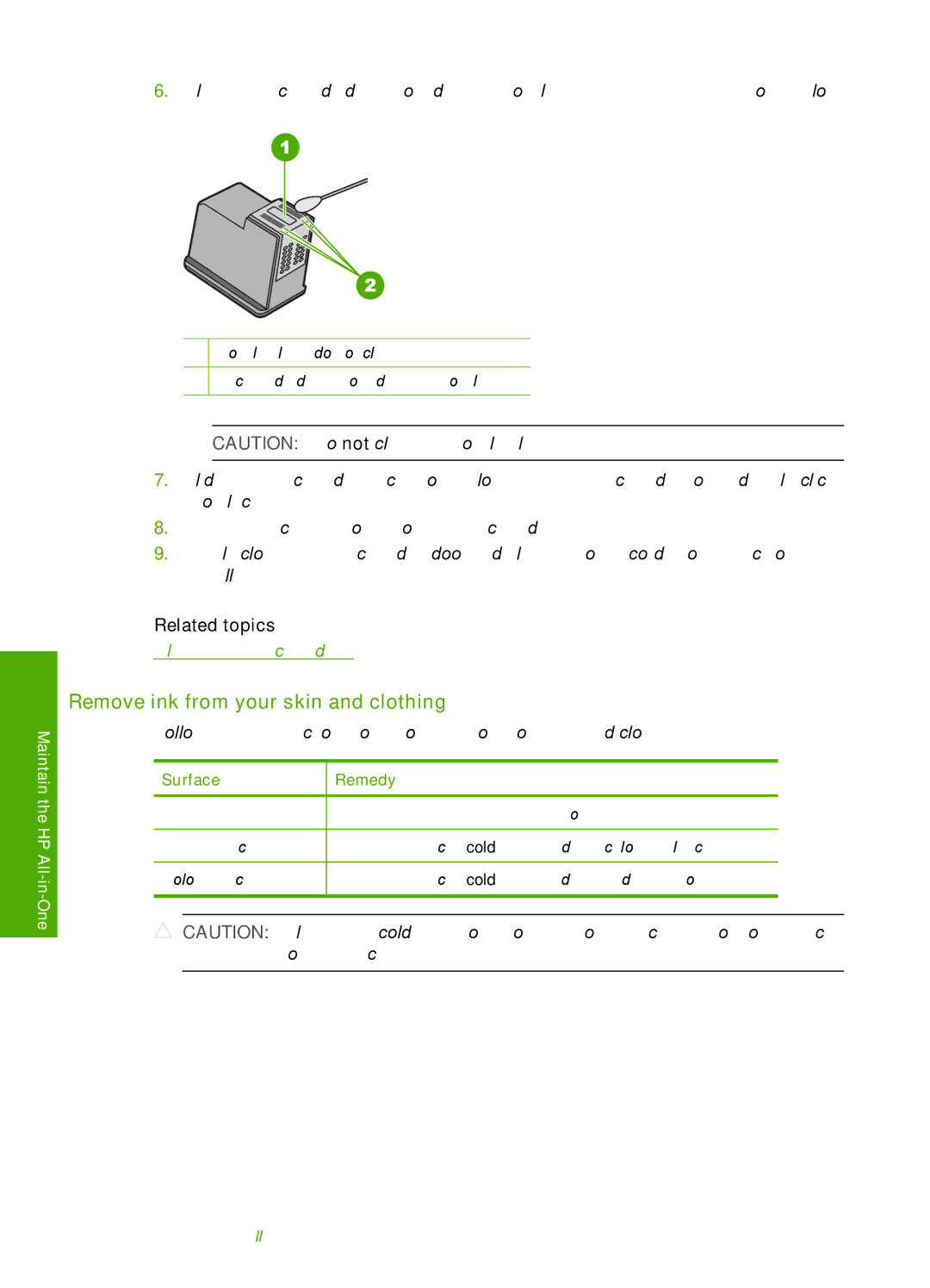 HP F4185, F4140, F4172, F4190, F4180 manual Remove ink from your skin and clothing, Surface Remedy 